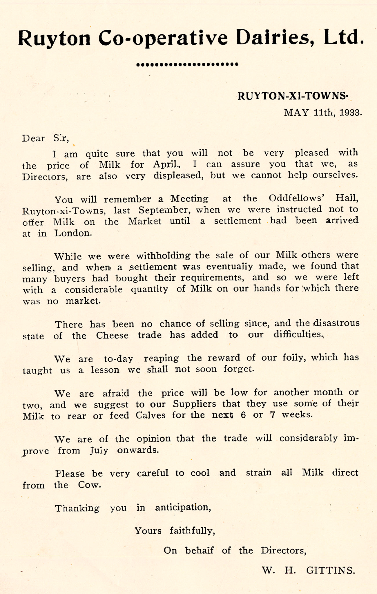 1933, May. Letter from Mr W.H. Gittins to the Company's suppliers about the failure to sell April milk following an earlier disagreement amongst suppliers.