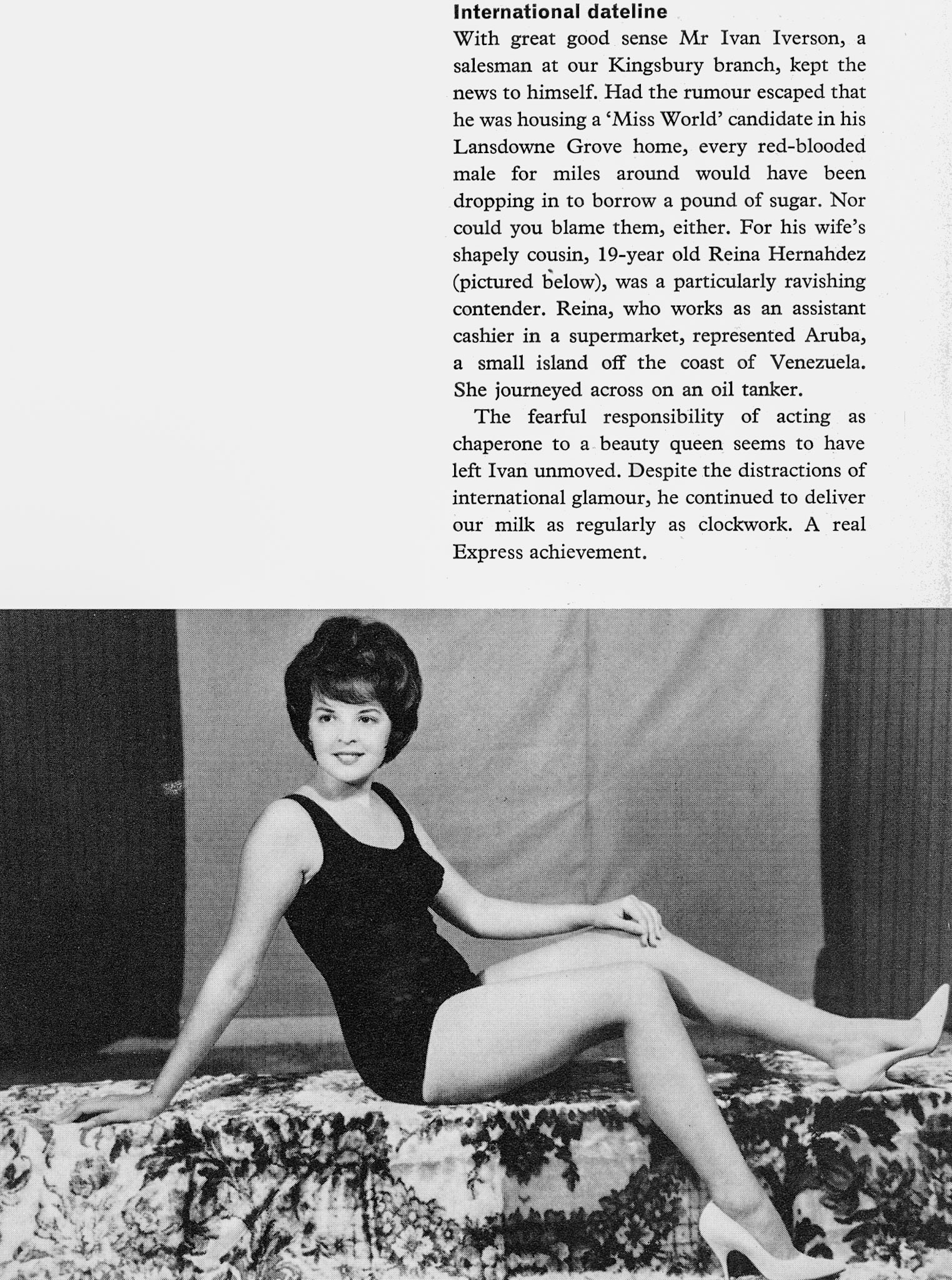 1967 Ivan Iverson, Kingsbury salesman chaparones his niece Reina Hernahdez, 'Miss World' candidate. (Express News Spring)