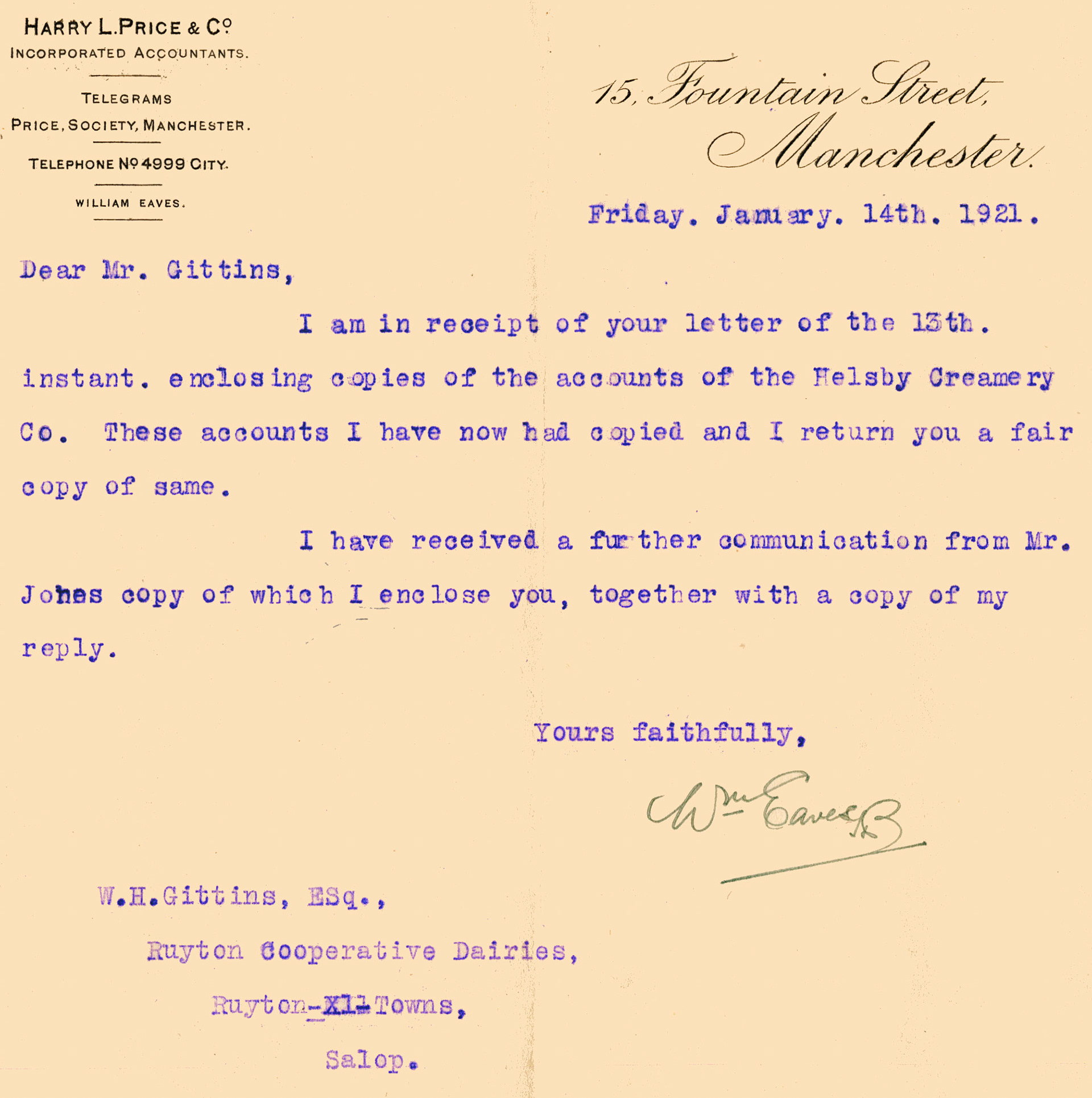 1921 Helsby Creameries Ltd Letter dated 14-01 from W. Eaves, Accountant, to Mr W.H. Gittings. (Ruyton Co-operative Dairies Archive)
