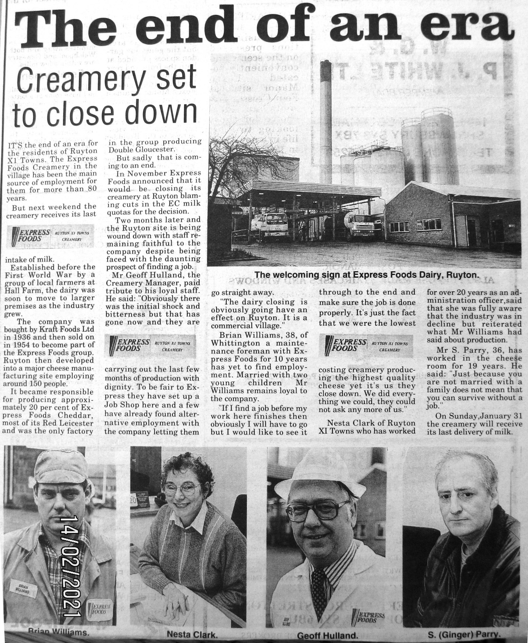 1993 Ruyton Creamery closure announcement. (Courtesy Yoland Brown, Yoland@eleventowns.co.uk, www.eleventowns.uk/history.html)