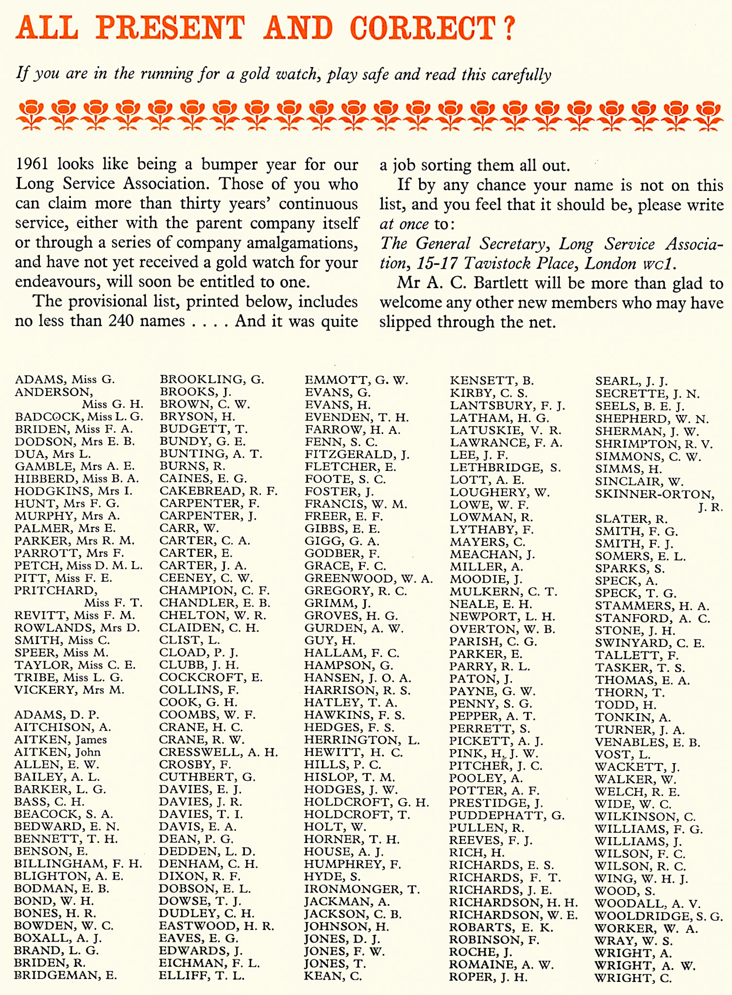 1960 Provisional Long Service Association list. (Express News Christmas)