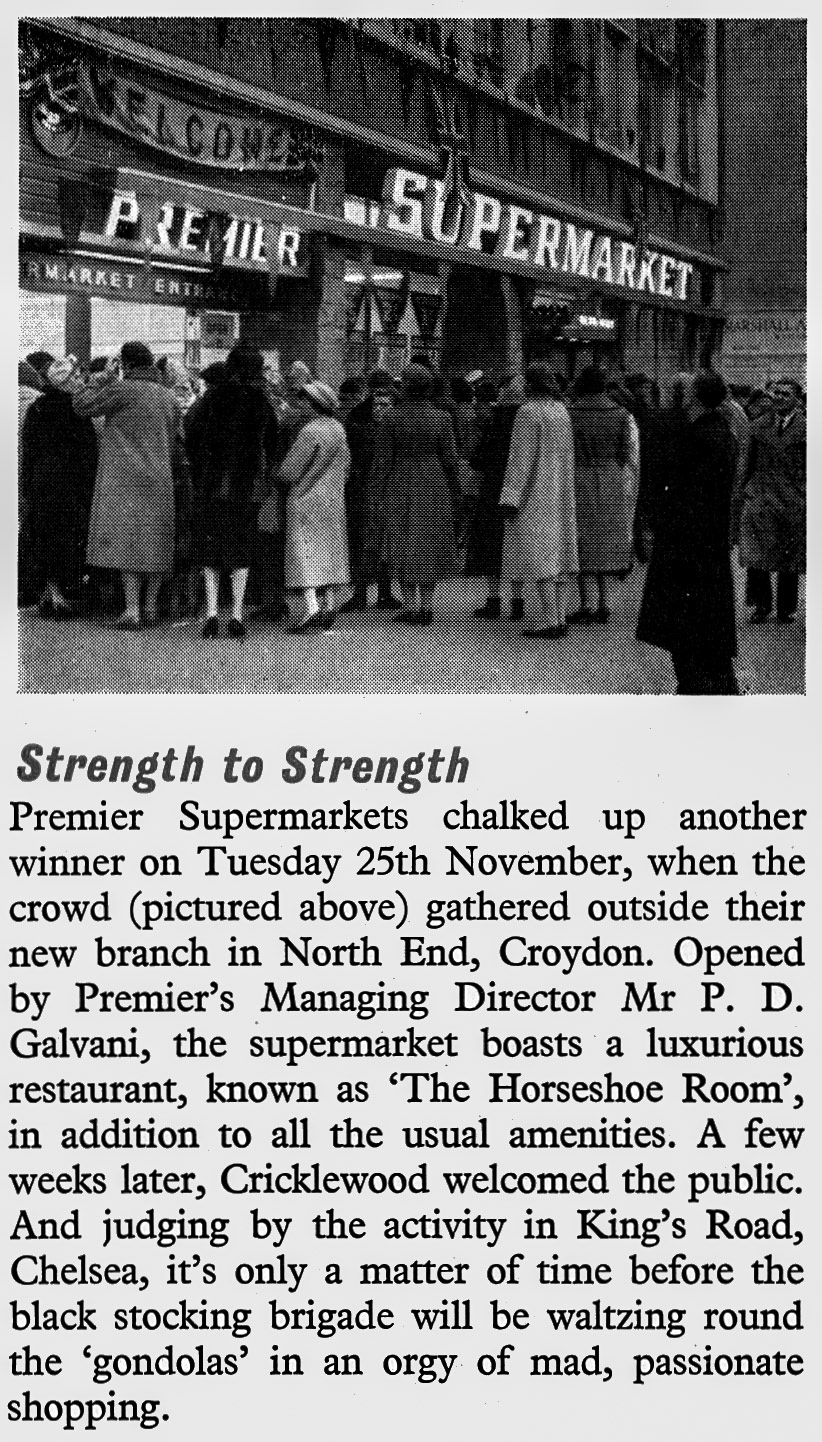 1959 Premier Supermarket opens in North End, Croydon, equipped with 'luxurious' restaurant 'The Horseshoe Room'. (Express News March)