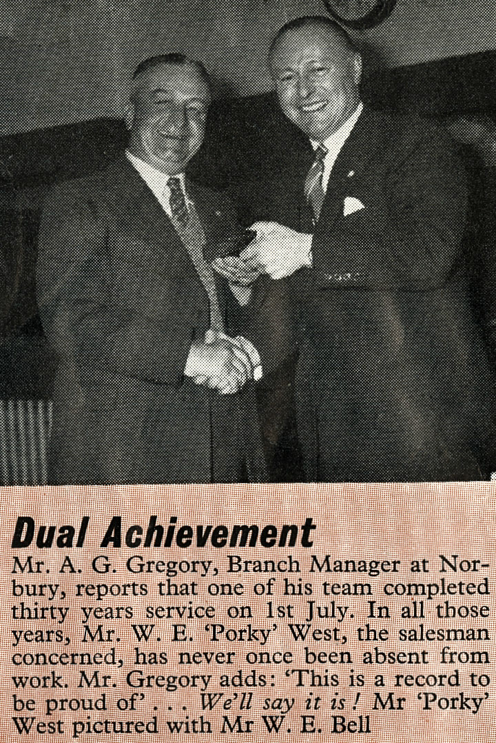 1958 Norbury Manager A.G. Gregory hands Mr W.E. 'Porky' West his 30-year award. (Express News September)