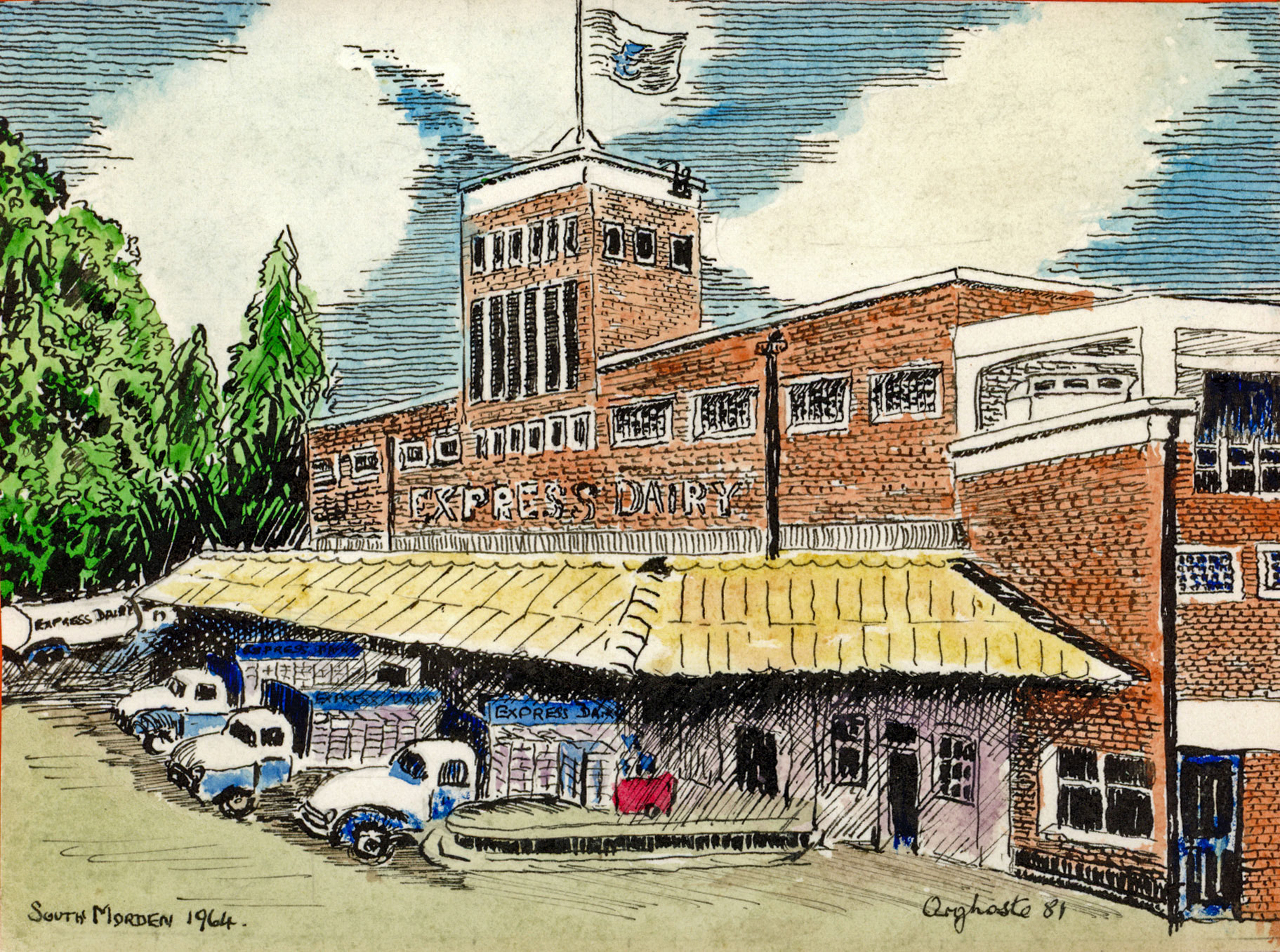 1964 pen and ink drawing of the dairy from 1981 Christmas Card from Harold Burfield. Catherine Land comments "He used to sign Arghoste as in this image".