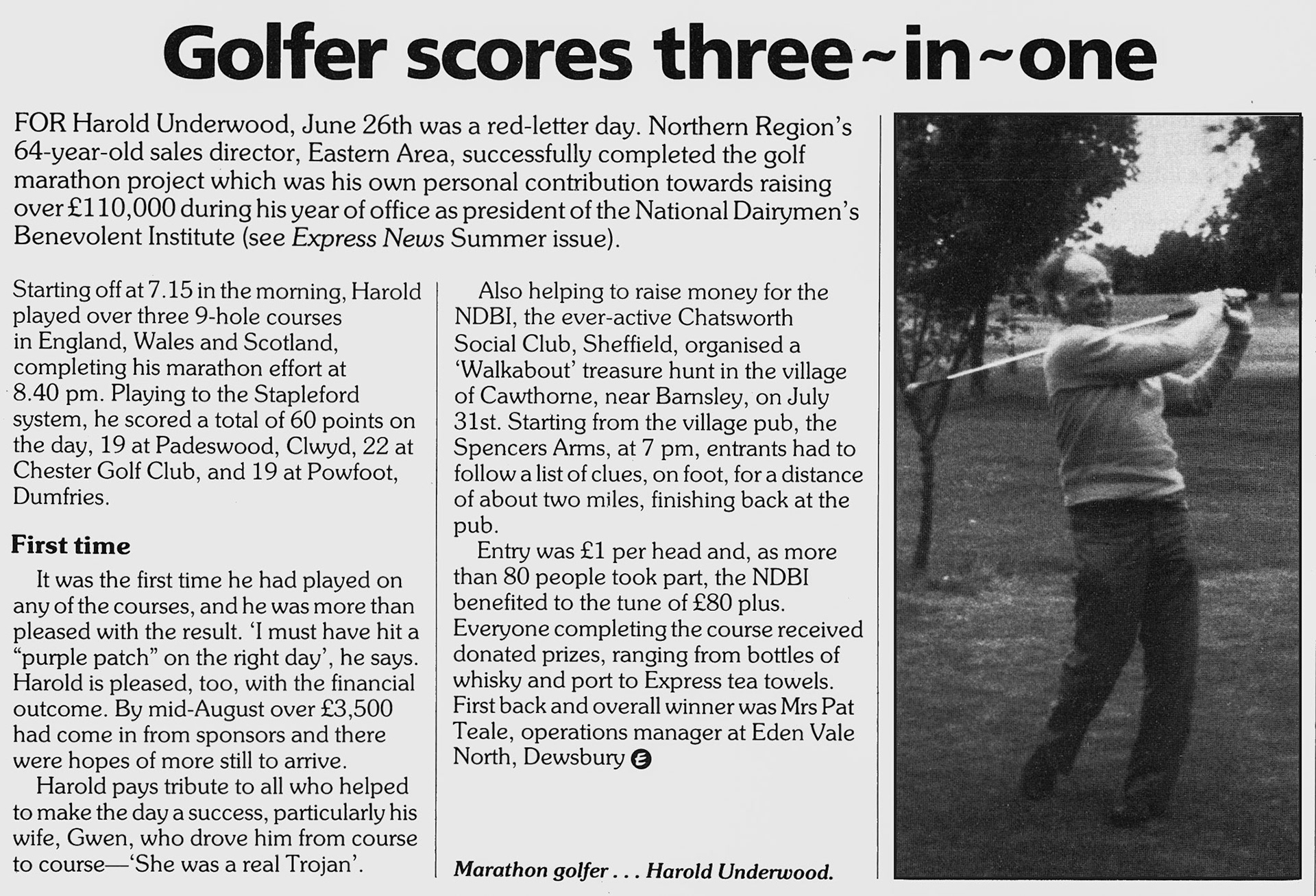 1984 Harold Underwood, Northern Region Sales Director completes Golf Marathon in aid of the NDBI. (Express News Autumn)