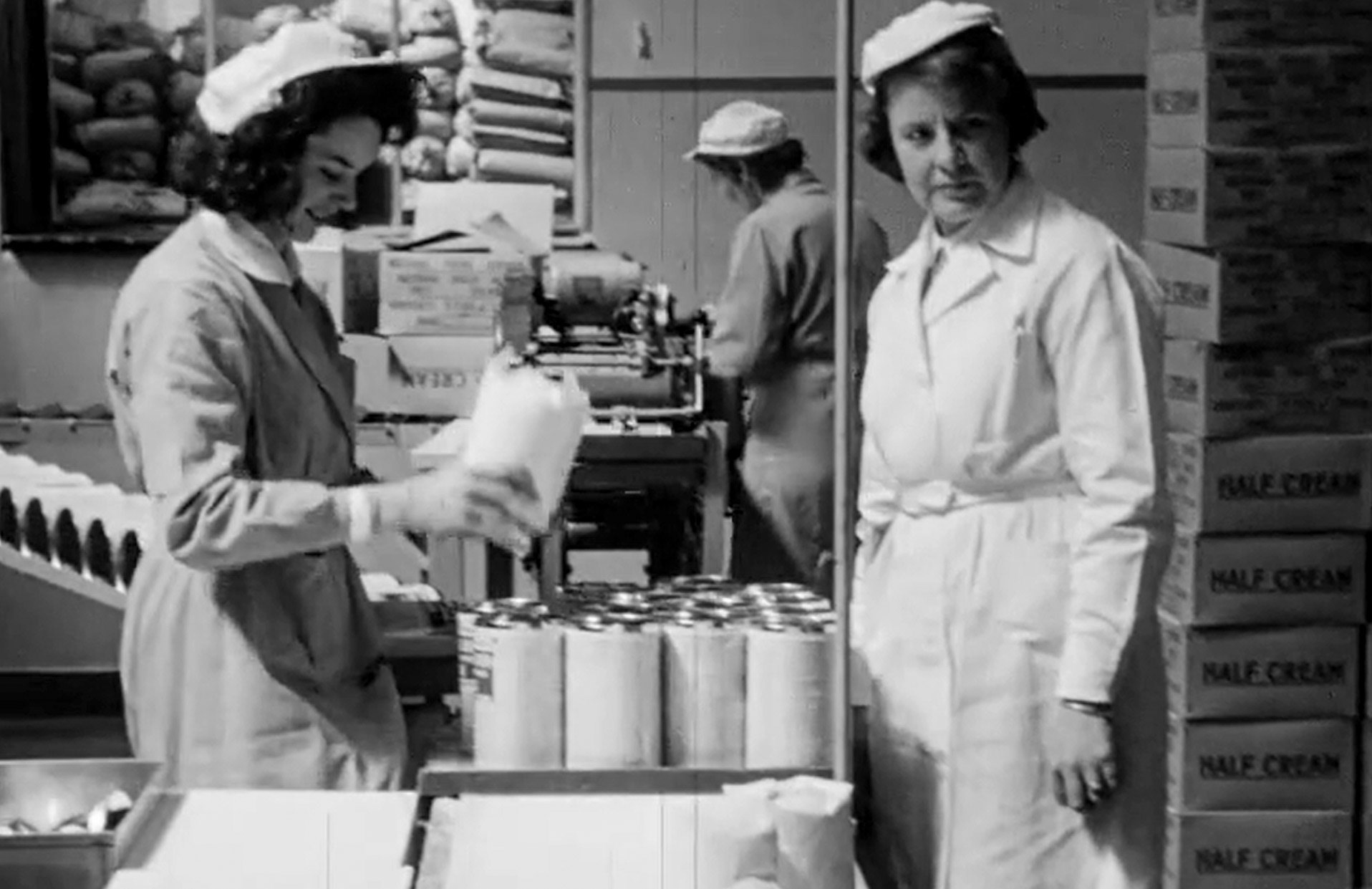 1964 Staff from Magheralin Creamery visit Bovril's Lifton site. (Stills courtesy Broadcasting Authority of Ireland, Department for Communities, ITV, UTV Archive)