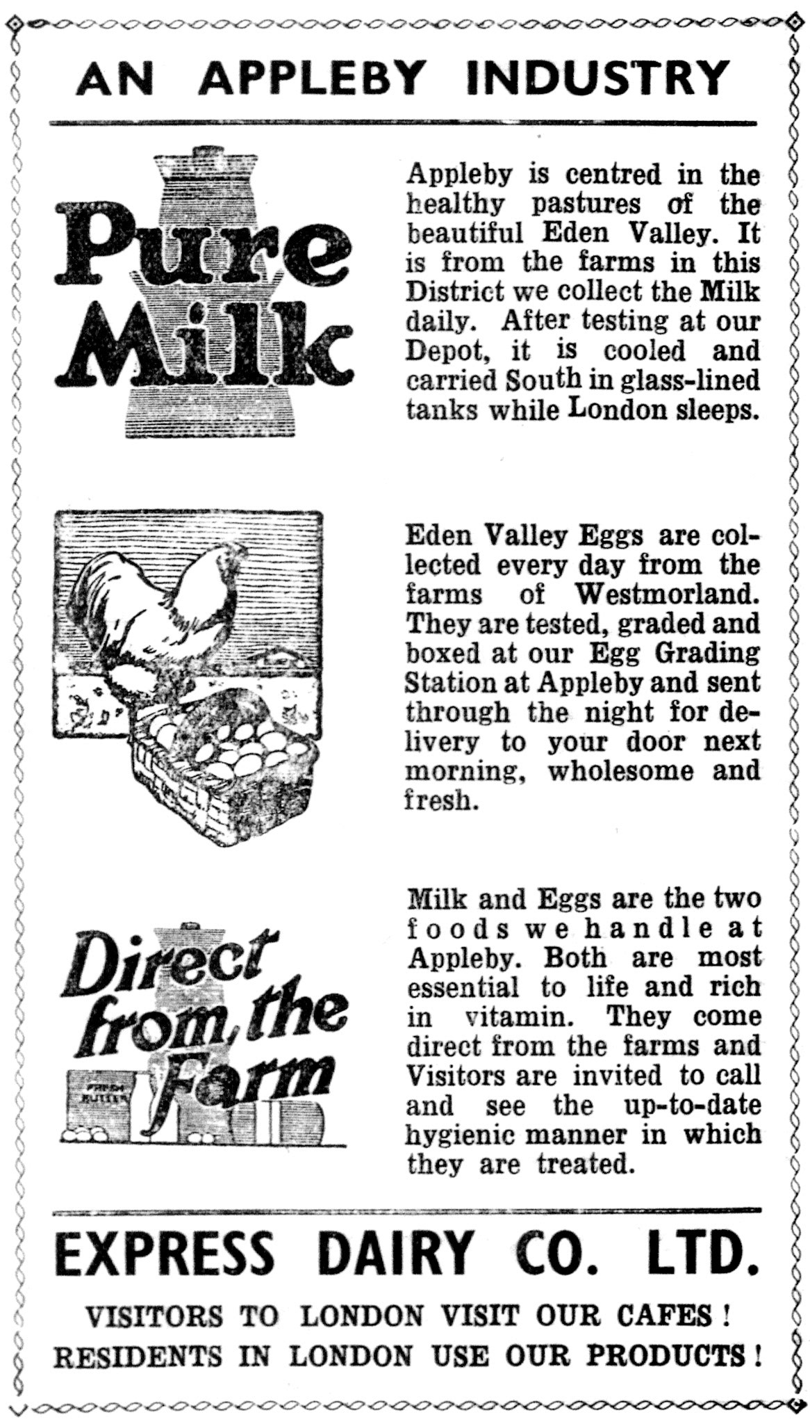 1930s Advertisement for Appleby milk and eggs, delivered fresh to London. (Courtesy Paul Luke)