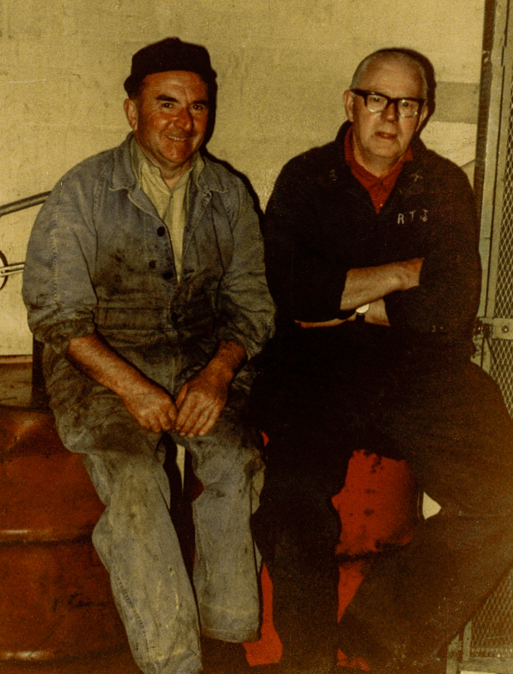 "L-Mr Albert Purslow, fitter-retired April 1985 after 50 years. R-Mr Tom Jones, retired 1978 after 44 years" (Courtesy Joe Lyons)