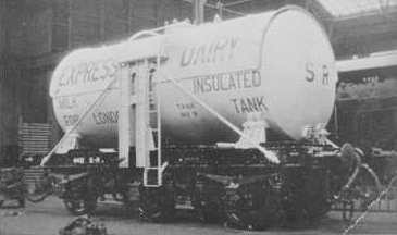 Express Rail Tank Matthew Pinto comments "One of the original batch of 6-wheeled tanks built by the Southern Railway for Express Dairy in 1932. Note the central supports for the tank which was unique to this batch and replaced with the more familiar end supports in later batches. I can't quite make out the number but this would have been 4410-4413." (Courtesy Richard Gaylard)