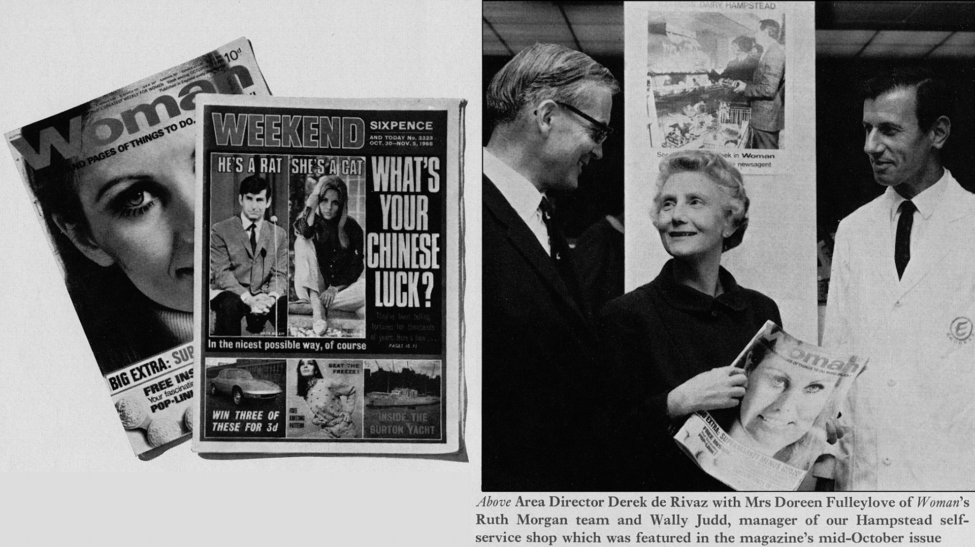 1968 Derek de Rivaz  and Wally Judd, Hampstead self-service shop manager take part in a 'Woman' magazine. (Express News Christmas)