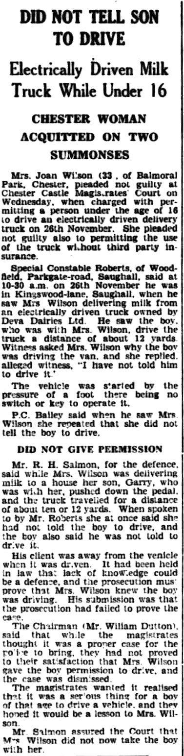 1956 Deva Dairies milk lady Joan Wilson prosecuted because her son drove the milk float. Acquitted. (Courtesy Cheshire Observer - Saturday 07 January)