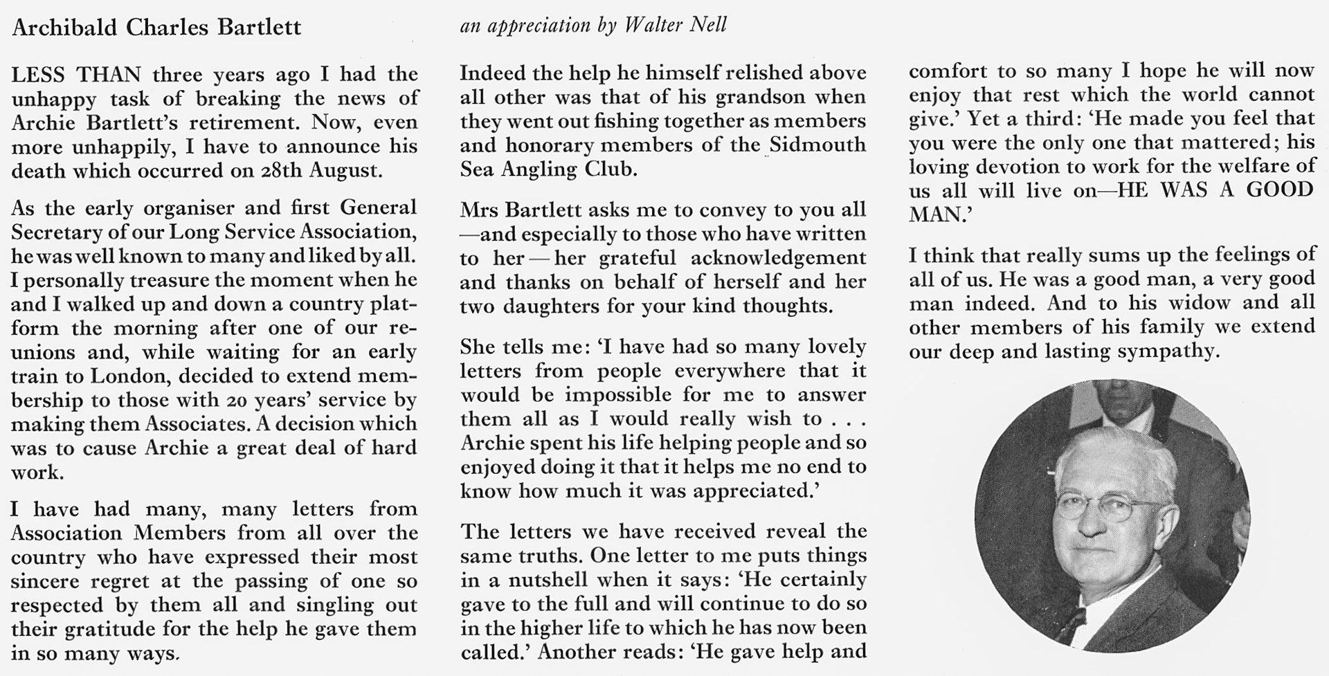 1970 Obituary of Archibald Bartlett by Walter Nell. (Express News Christmas)