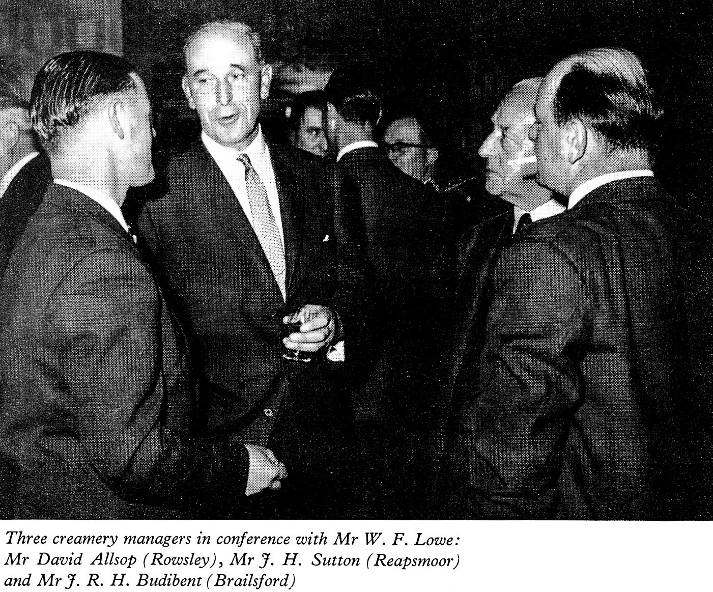 1961 Long Service Dinner at The Edinburgh Suite, Belle Vue, Manchester, Mr W.F. Lowe with Creamery Managers Mr David Allsop (Rowsley), Mr J.H. SUTTON (Reapsmoor) and Mr J.R.H. Budibent (Brailsford) (LSA Annual Review)