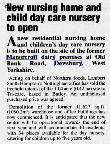 1996 Manorcroft dairy site in Old Bank Road, Dewsbury sold for development. (Courtesy of THE BRITISH LIBRARY BOARD)