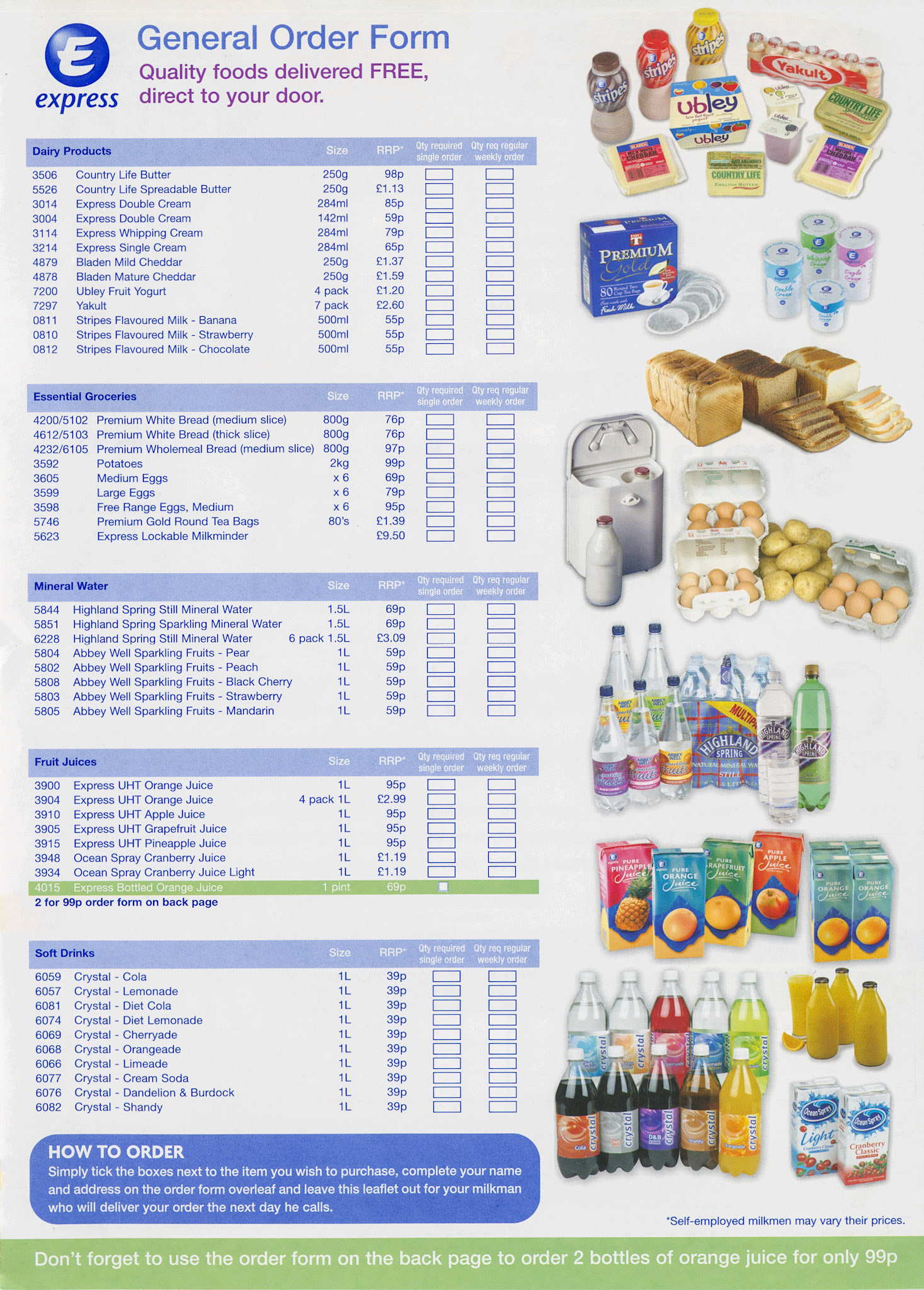 2004 Milkman's doorstep leaflet promoting orange juice in glass bottles and grocery items. (Courtesy Mark Hudson)