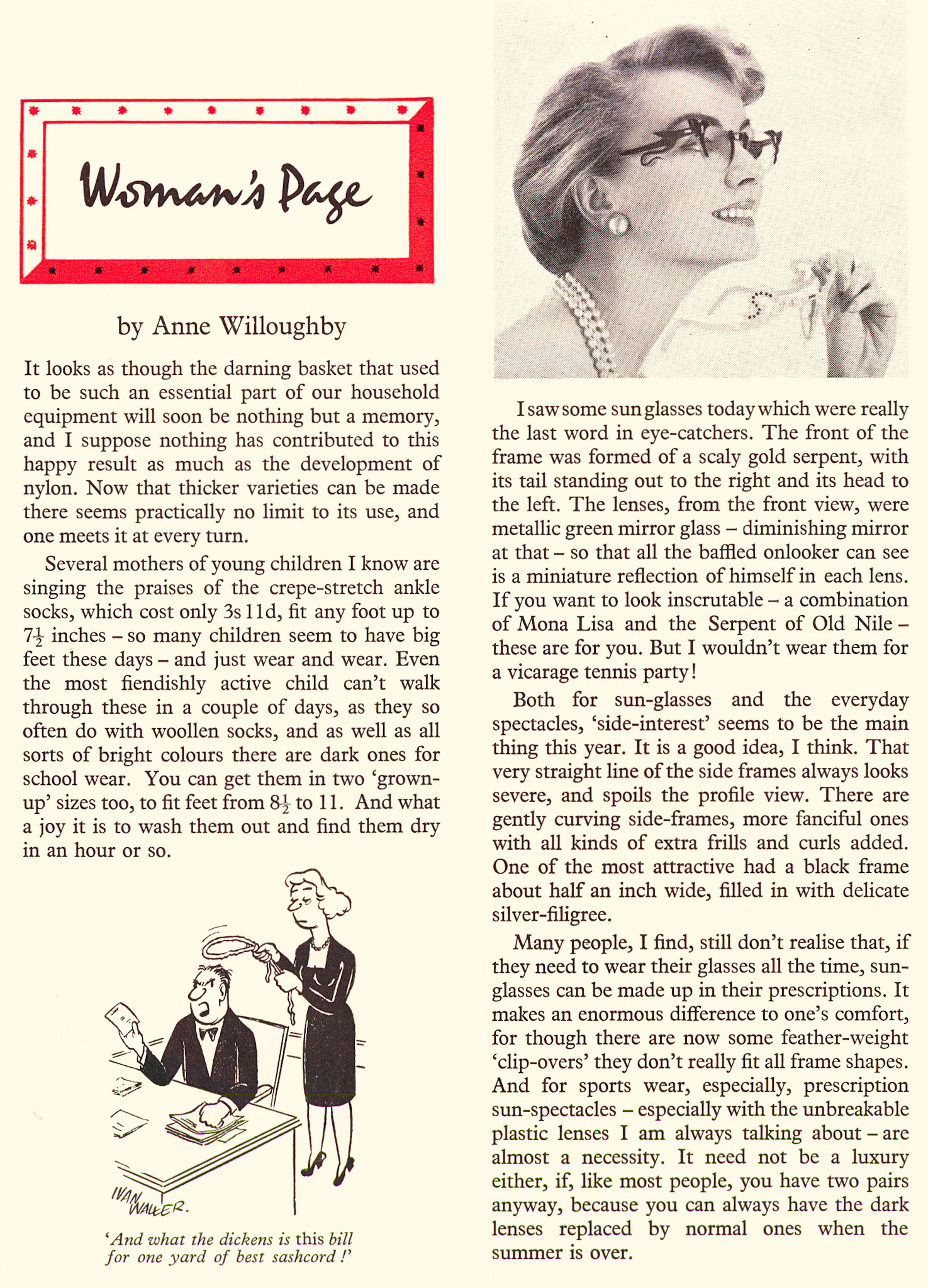 1956 Women's page by Anne Willoughby featuring ankle socks and sun glasses. (Express News July)