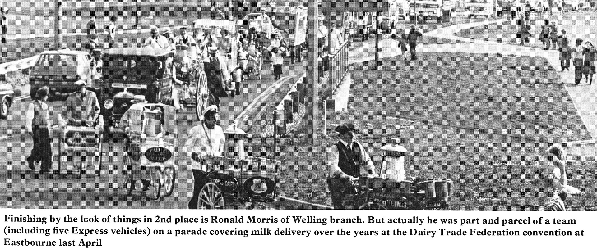 1978 Welling's Ronald Morris on parade in Eastbourne, with  J.E. Rowling hand cart also visible. Robin Fraser Bell commented "Remember Ron, did round 68 at Welling if I recall; I was loading up next to him one morning (August 1977) when it came on his radio Elvis had died, one of those moments you know where you were when you heard the news..." (Express News Summer)
