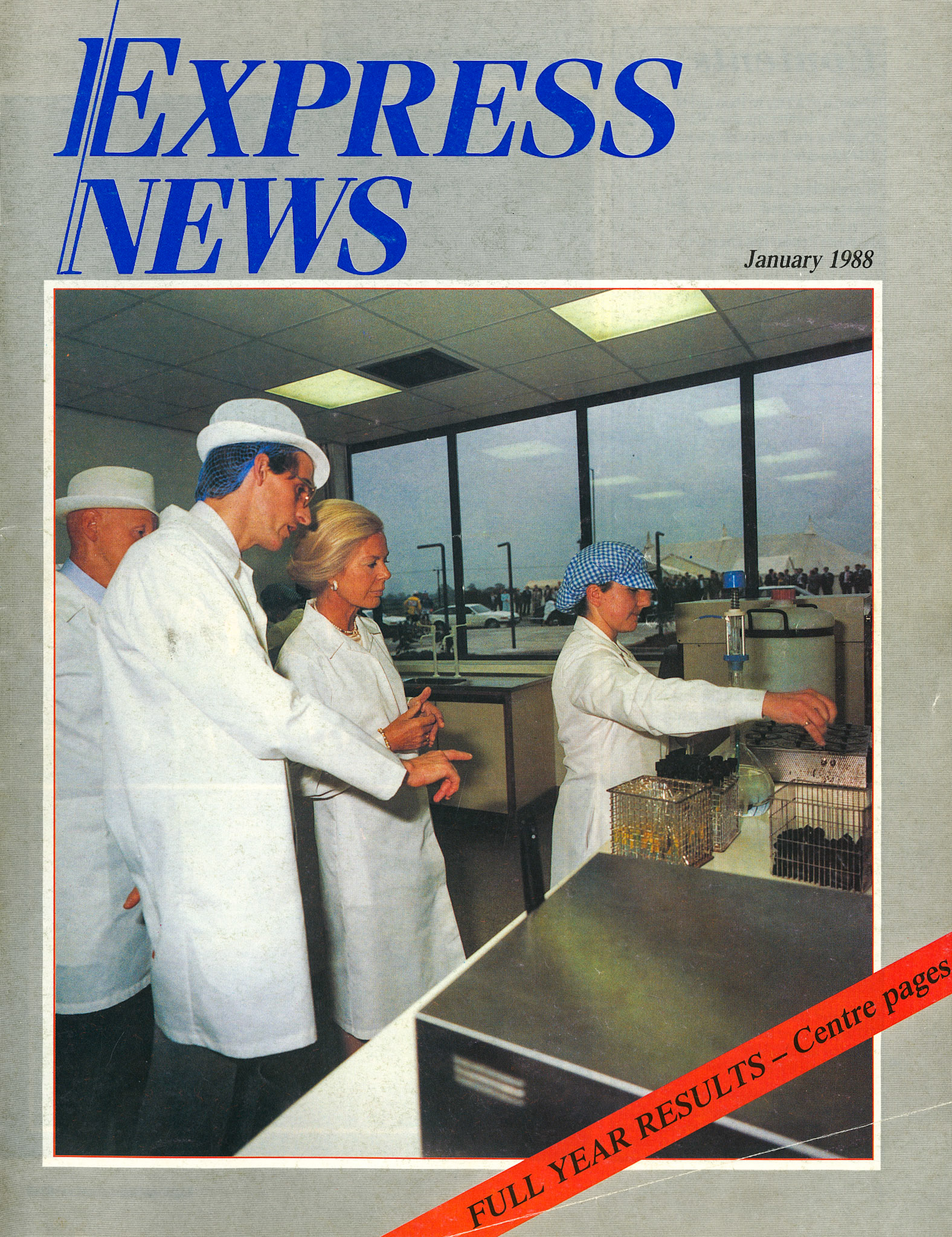 1988 January Express News Front Cover - Oswestry QA Manager Jim Dunlop explains to the Duchess of Kent the test that Janice Rheade is carrying out. Manager Brian Suckley looks on.
