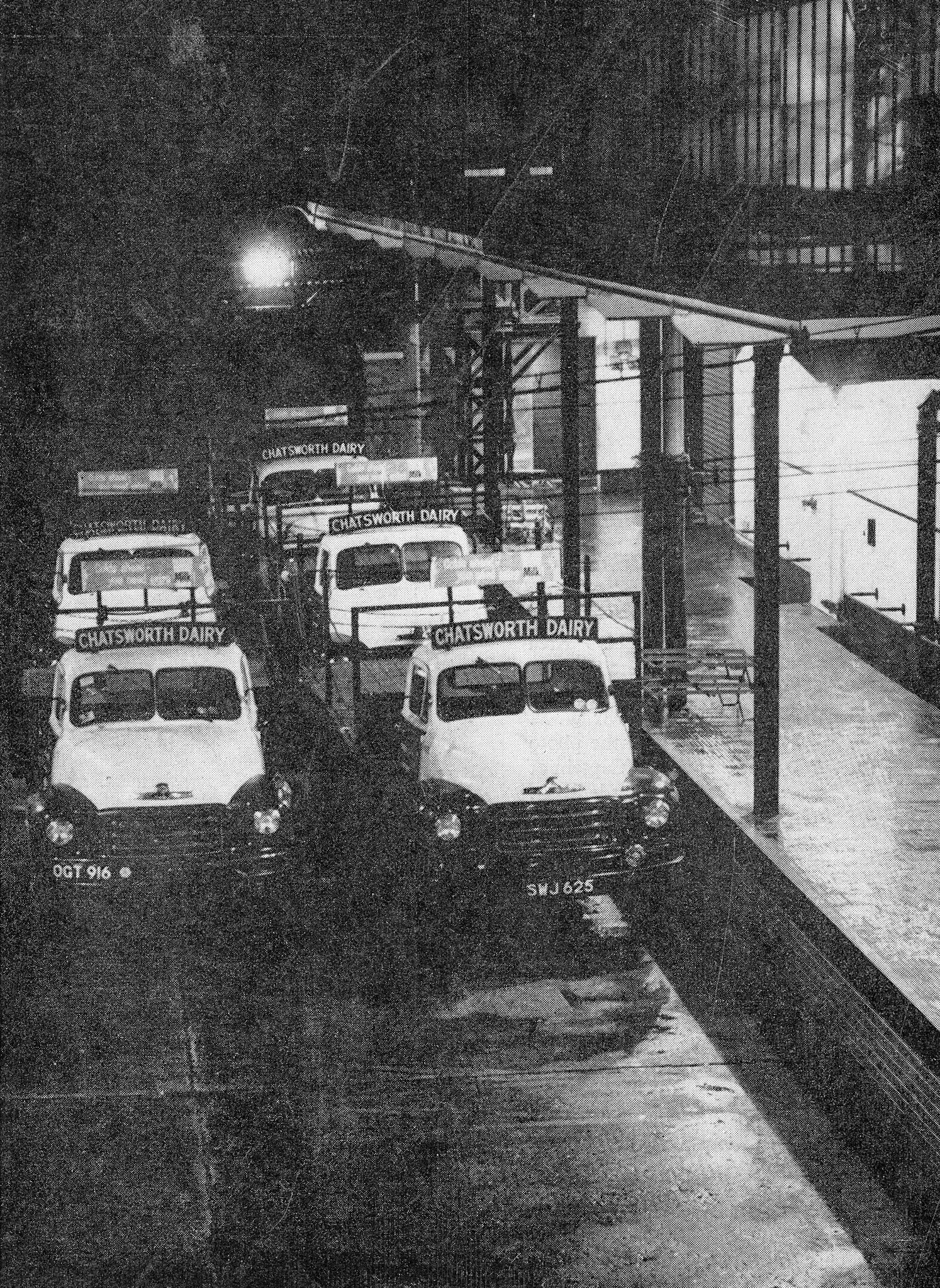 1957 Chatsworth Dairy, Sheffield-milk lorries lined up at the loading bay at 10pm. (Express News Back Cover, Autumn)