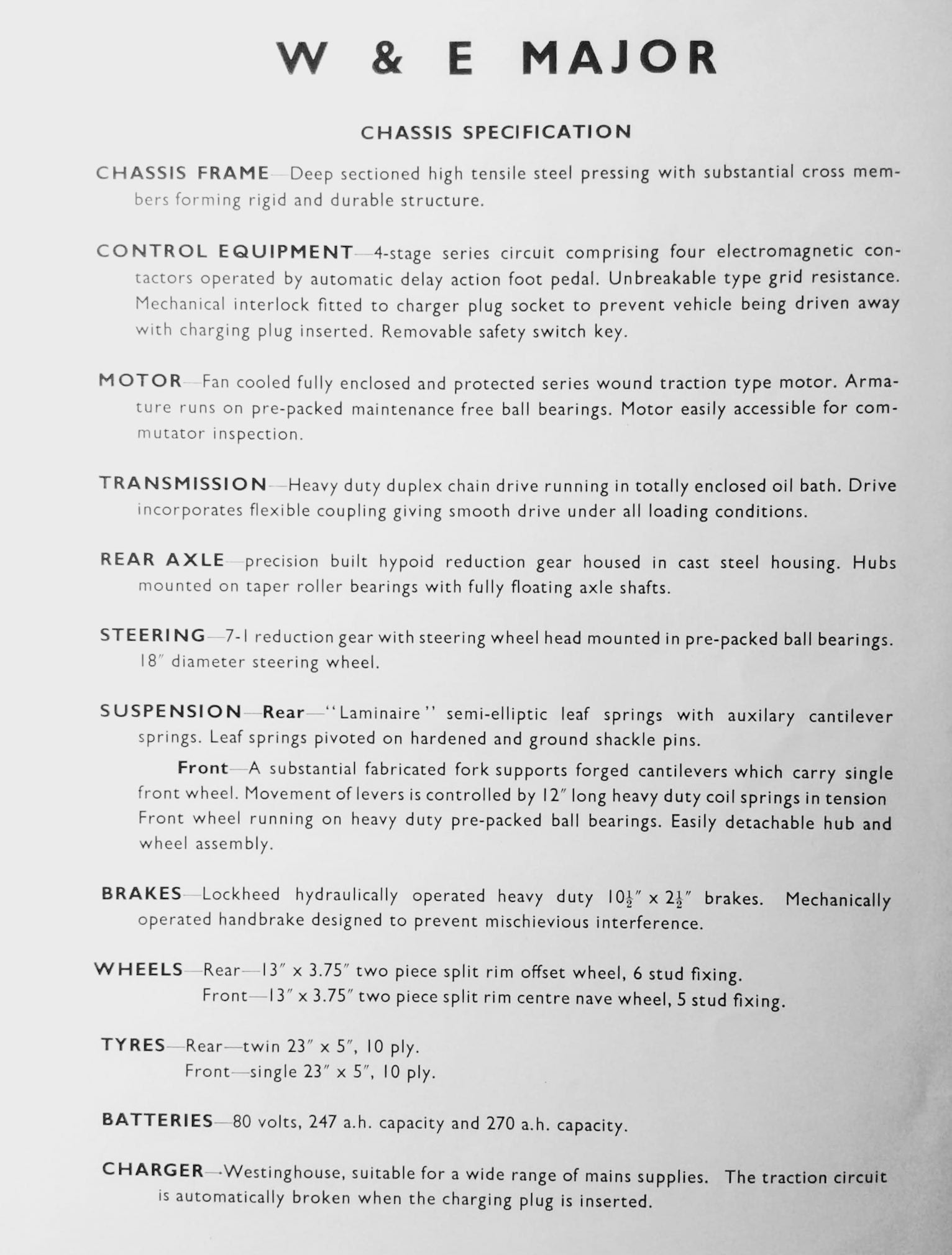 1970's? W &amp; E Major milk float specification (Courtesy Michael Aldread)