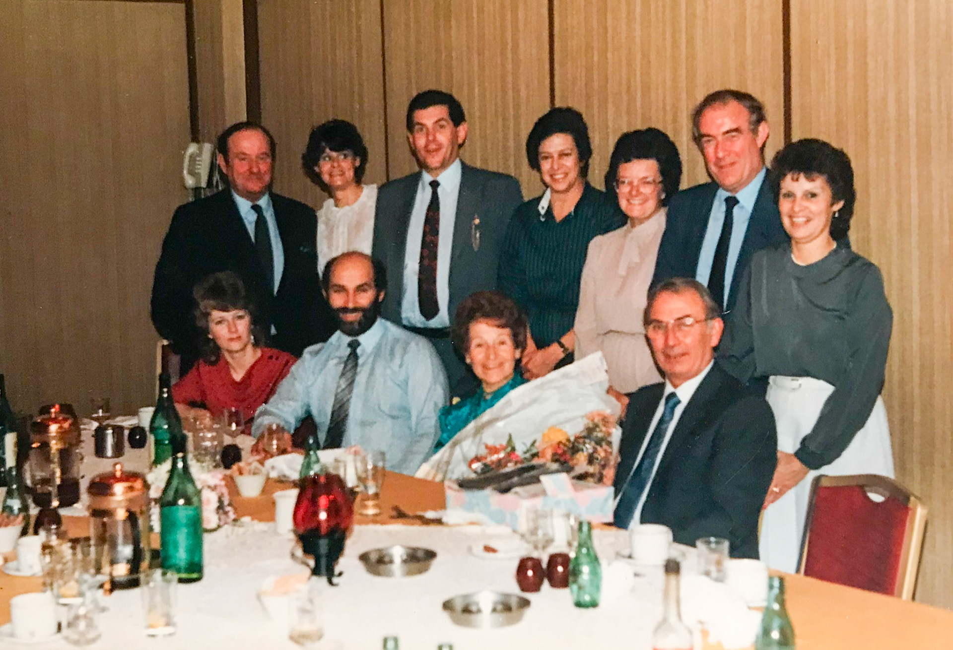 1986 George Streeting's retirement. Back row: David & Monica Wakefield, Chris & Sue Austen, Margaret & Peter Jordan, Barbara Bowden Front row: Phil Howe and his wife, Muriel & George Streeting. (Courtesy Lindsey Cannon, George's daughter)