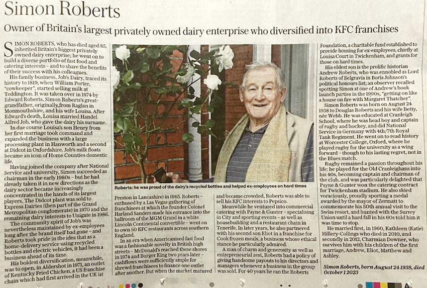 2023 Simon Roberts, died 01-10-23, obituary. Founded Job's Dairy.  published in the Daily Telegraph. (Courtesy Ashley Rodhouse)