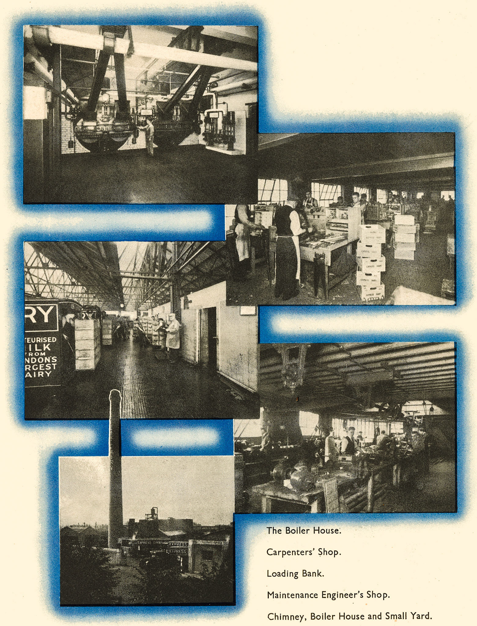 1930's 'A peep behind the scenes of the Express Dairy, Claremont Road, Cricklewood - The largest dairy in Great Britain' (From 'While London Sleeps' booklet.