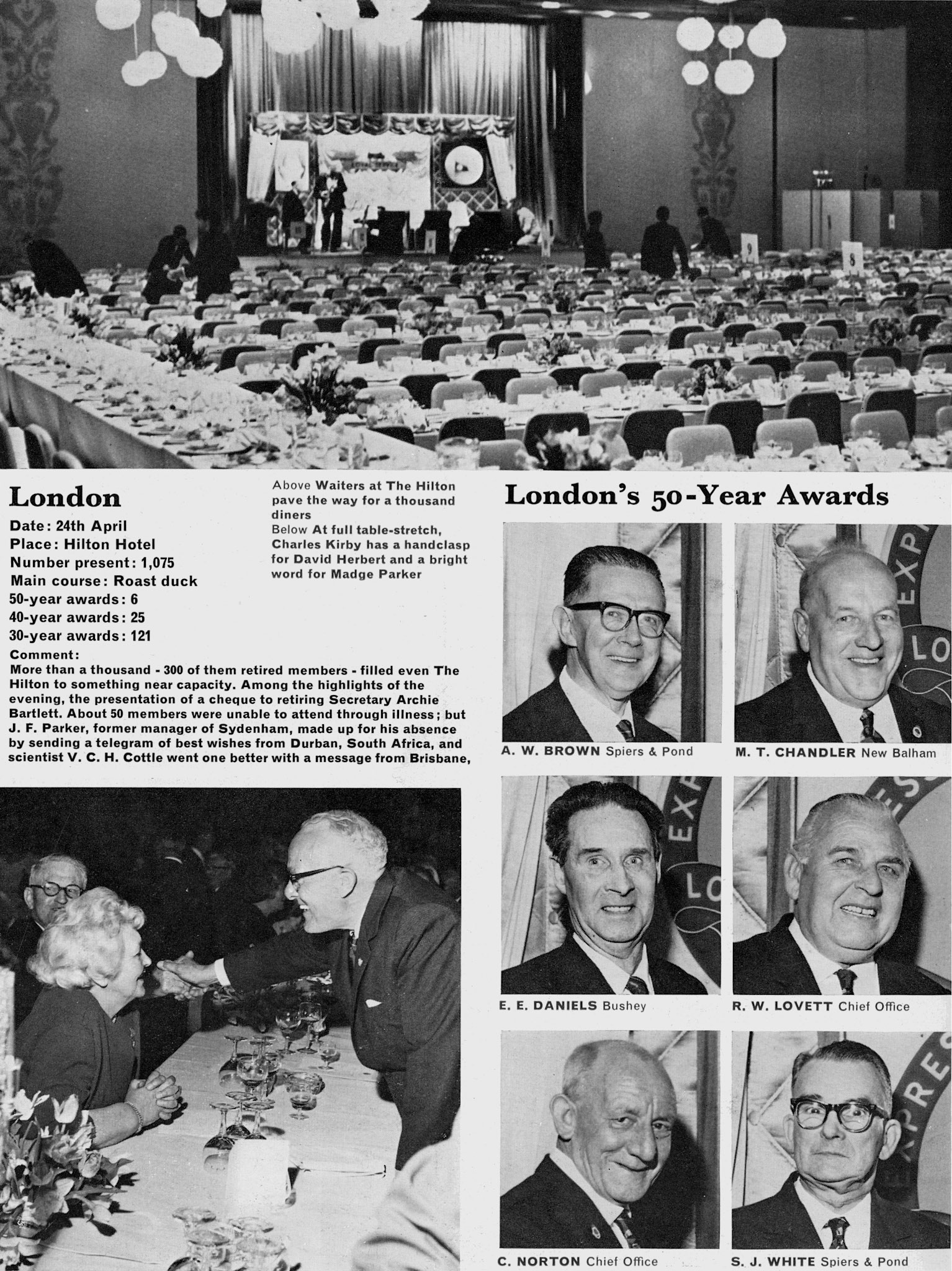 1968 More than 1000 diners at the London Hilton long service dinner. (Express News Summer)