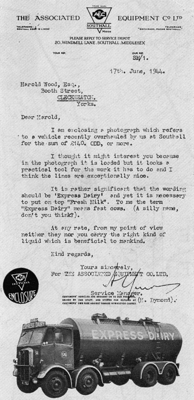 1944 AEC Southall - amusing letter from the service manager H. Dymond. (Express News Autumn 1975)