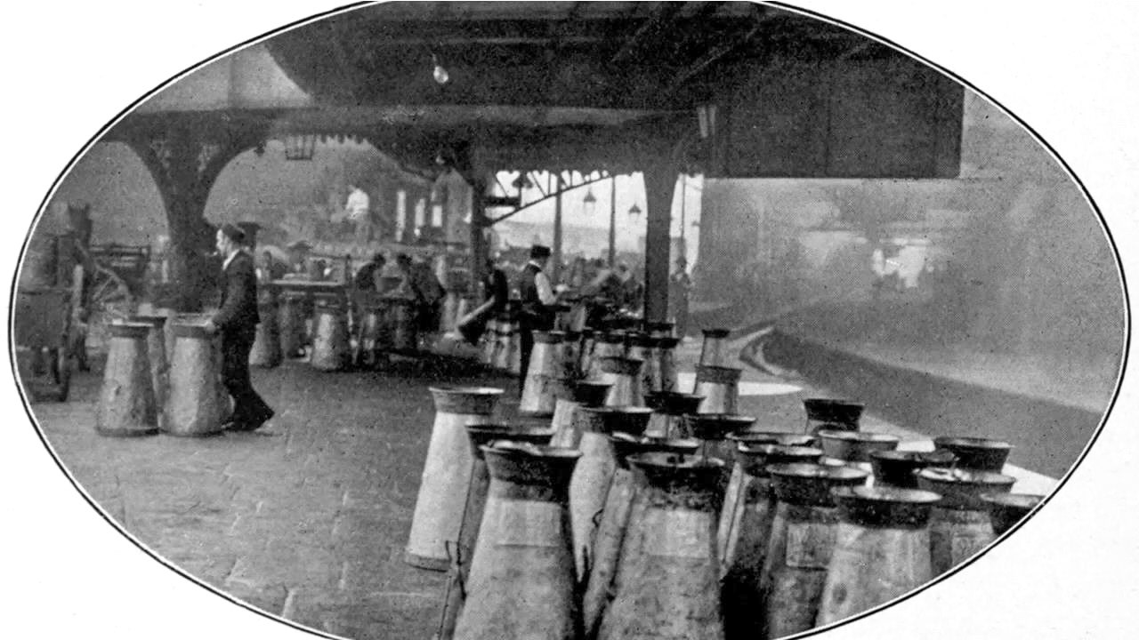 1845 milk in churns-transport of milk by train didn't start until the railways had been established for some years, and then rarely more than 20 miles from London, such as Romford, Essex. (Courtesy 'On the Milk Train' video, Dr David Turner)