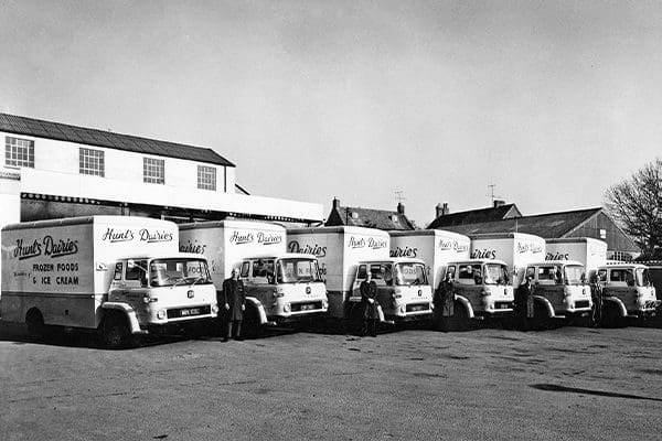 1969 lineup of trucks at Sherborne. (Courtesy www.huntsfoods.co.uk)