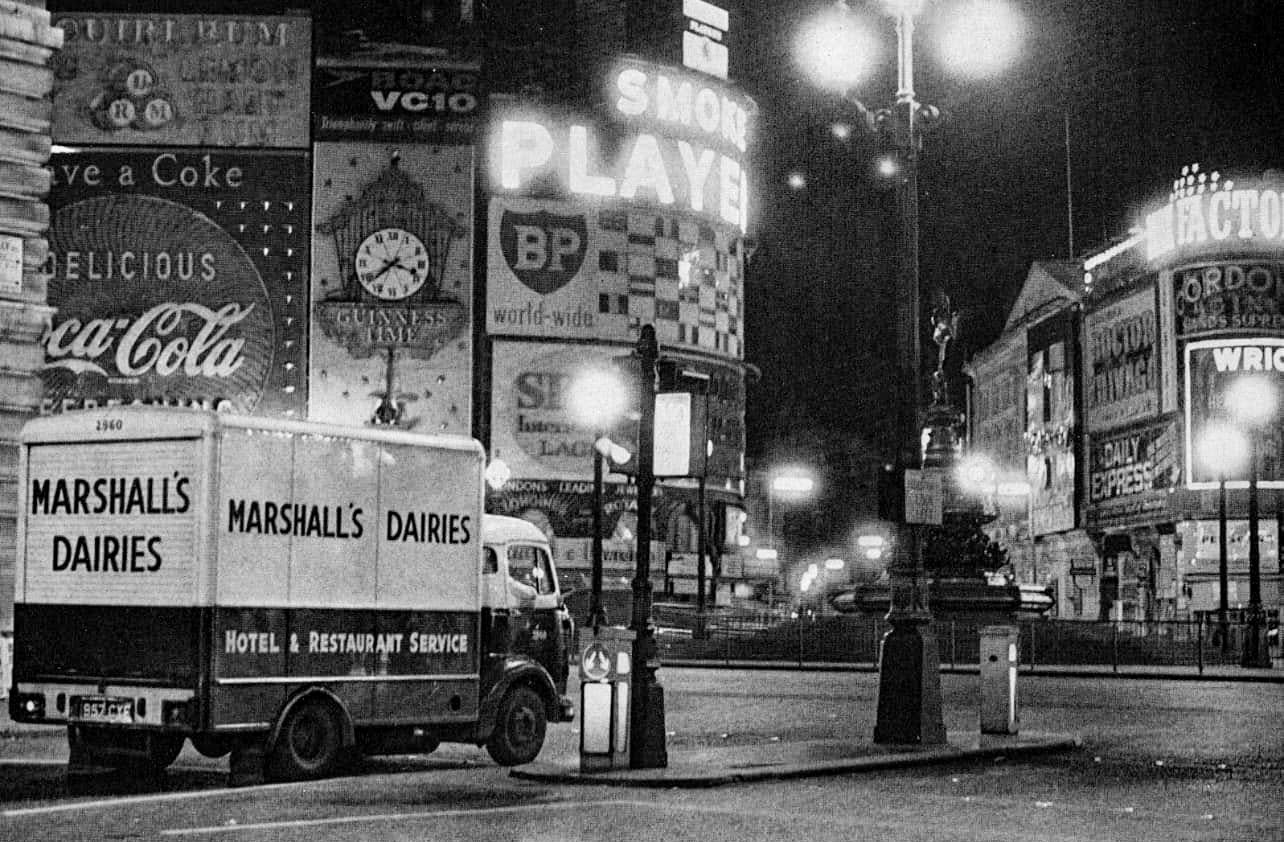 1960's Marshall's Dairies truck, 957 CYF, Fleet 2960 in Piccadilly Circus. (Courtesy Paul Simm)