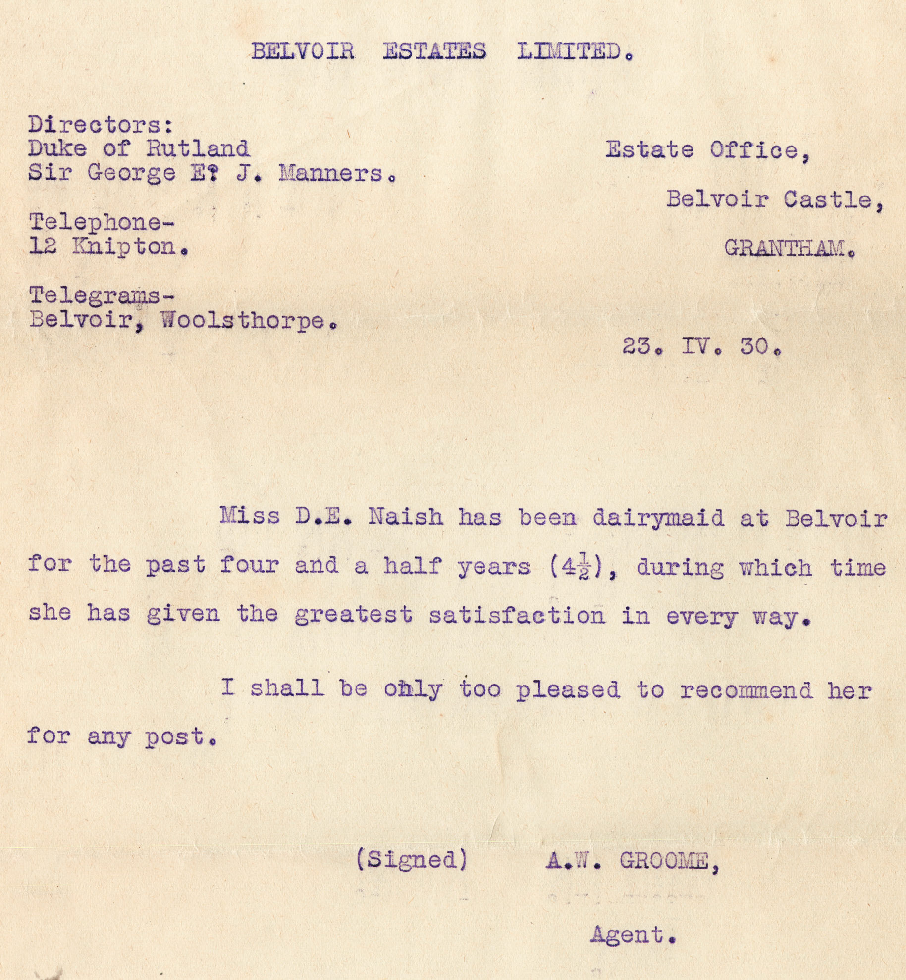 1930 Ruyton Co-operative Dairies-Cheesemaker Job Applications-Miss D. Naish