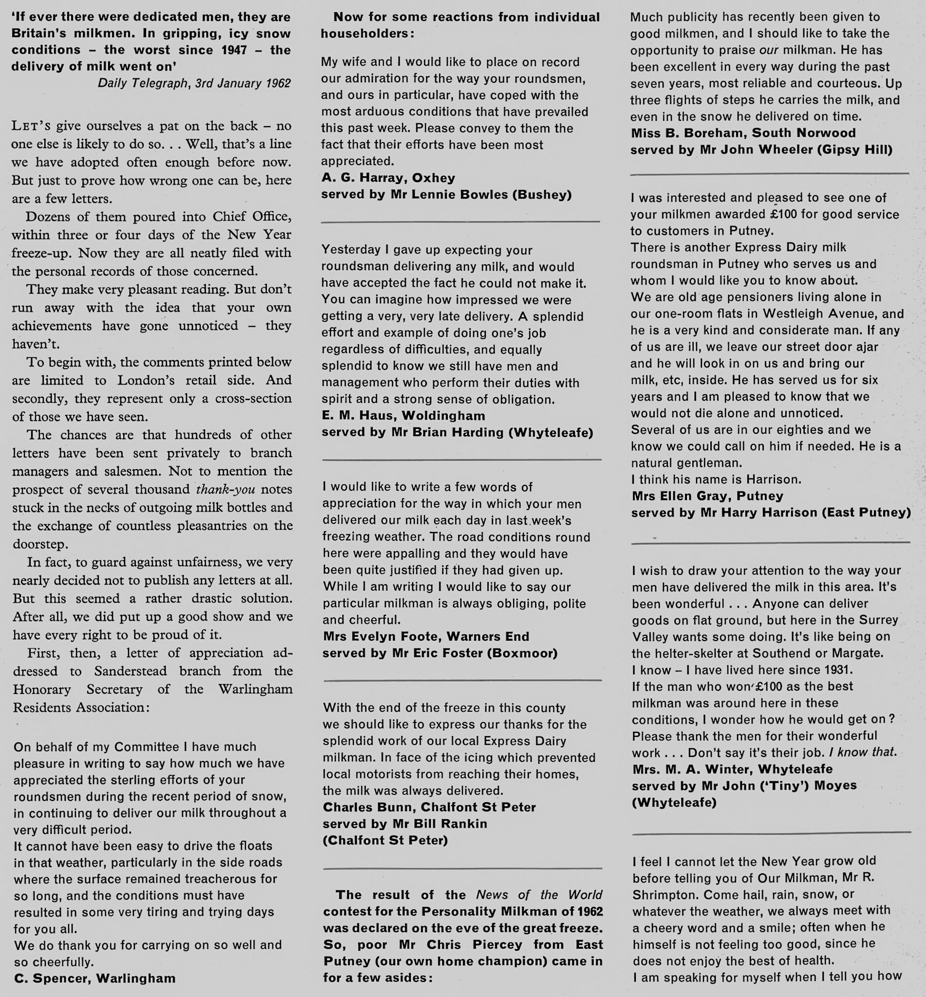 1962 Thank you letters to milkmen following the terrible 62 winter snow.  (Express News Spring)