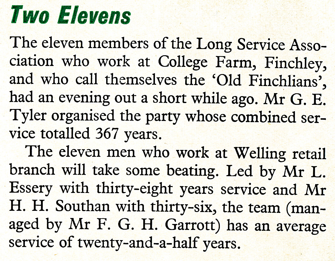 1956 Long Service Association record-breakers at College Farm and Welling.  (Express News April)