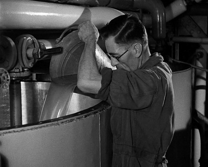 1940's Tower Creameries, later Mitcham Foods, part of Express. Adding emulsifier. (Courtesy British Instructional Films, British Pathé)