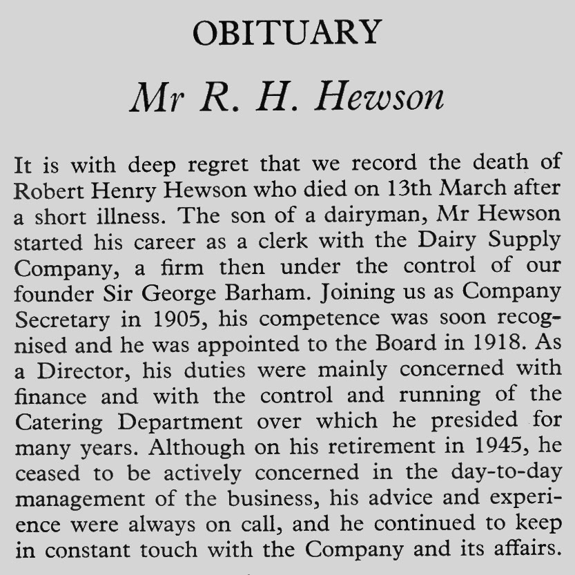 1958 Obituary of Mr R.J. Hewson, Director of the Dairy Supply Company. (Express News July)