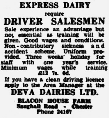 1963 Deva Dairies advertising for milk salesmen. (Courtesy Cheshire Observer - Friday 12 July)