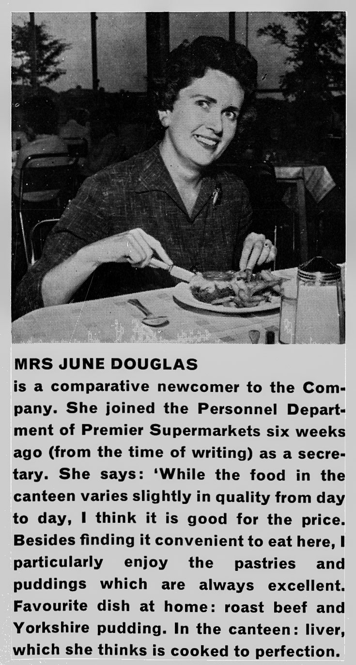 1963 Premier Foods Secretary Mrs June Douglas, from Staff Canteen Feature (Express News Autumn)