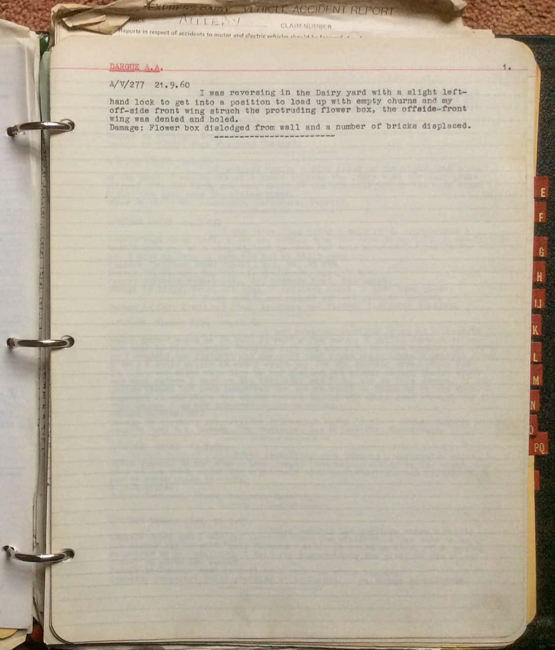 1960 - Express Appleby Vehicle Accident Book Iain Dargue comments "If anyone had relatives who drove for Express Dairy Appleby, I have the accident book which features dozens of names and accident details from 01/01/1959 to 1980. The picture is my Dad’s only entry.... 21/09/1960 reversed into a plant pot 😂😂." (Courtesy Iain Dargue)