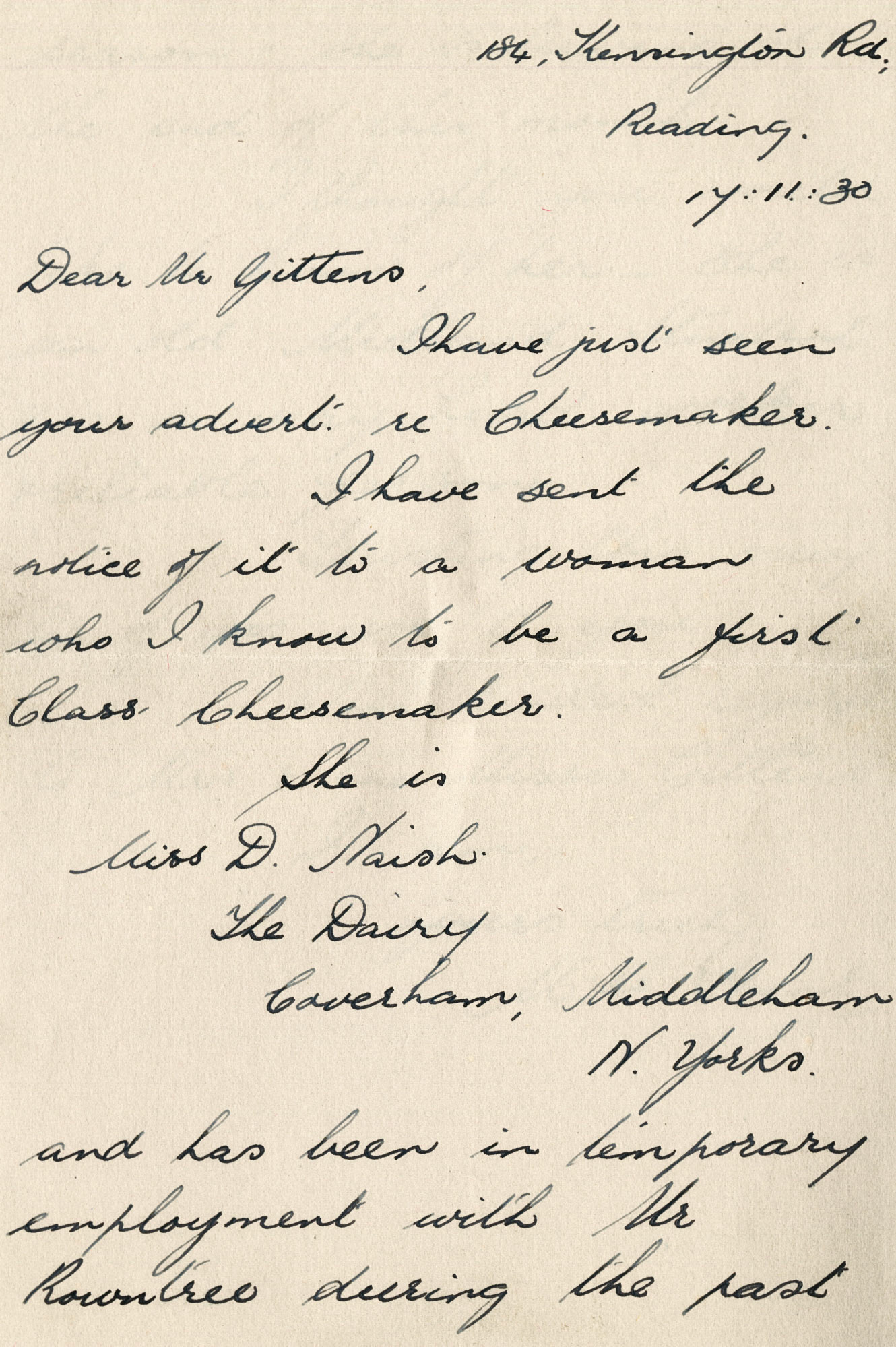 1930 Ruyton Co-operative Dairies-Cheesemaker Job Applications-Miss D. Naish