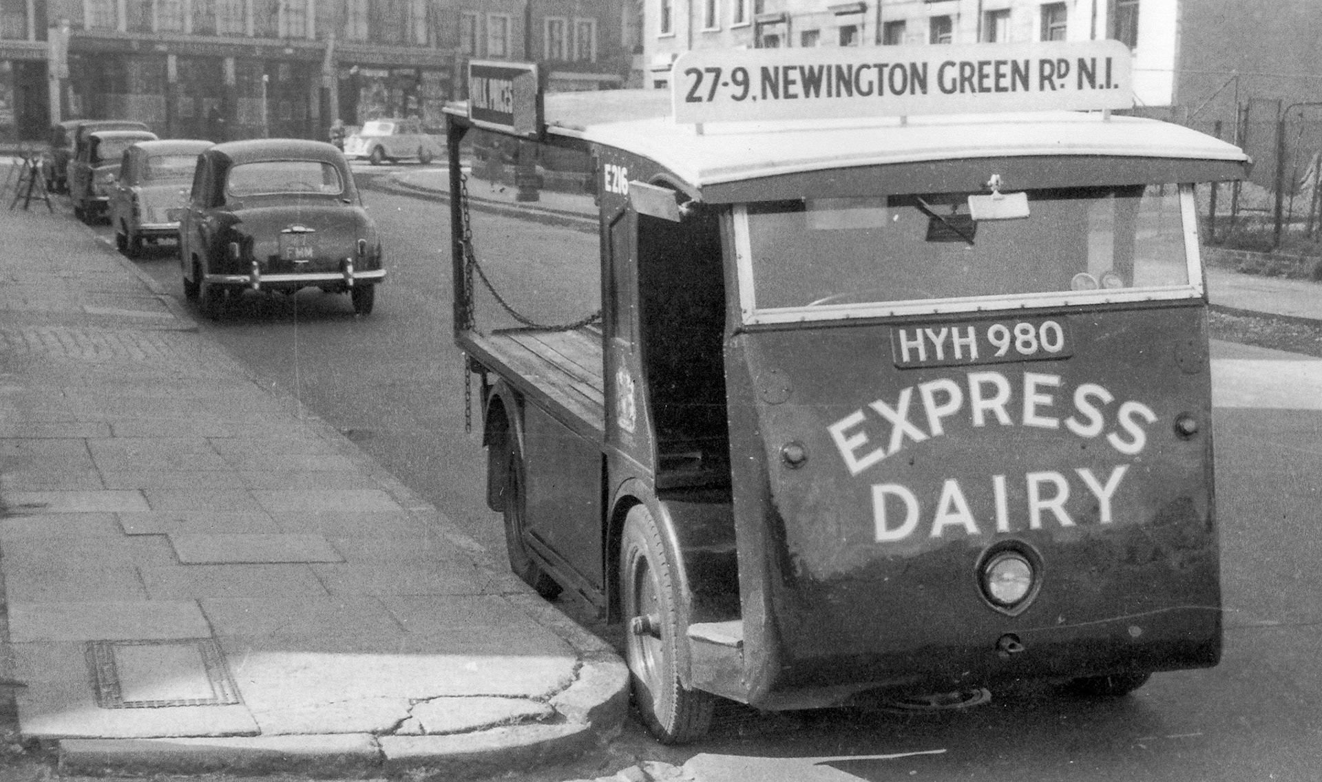 1950's Newington Green Delivery Float, outside Canonbury depot in Newington Green Road. Reg: HYH 980, Fleet No. E216. Dave Fane comments "Built by Brush electric vehicles". (Courtesy Michael Aldread)