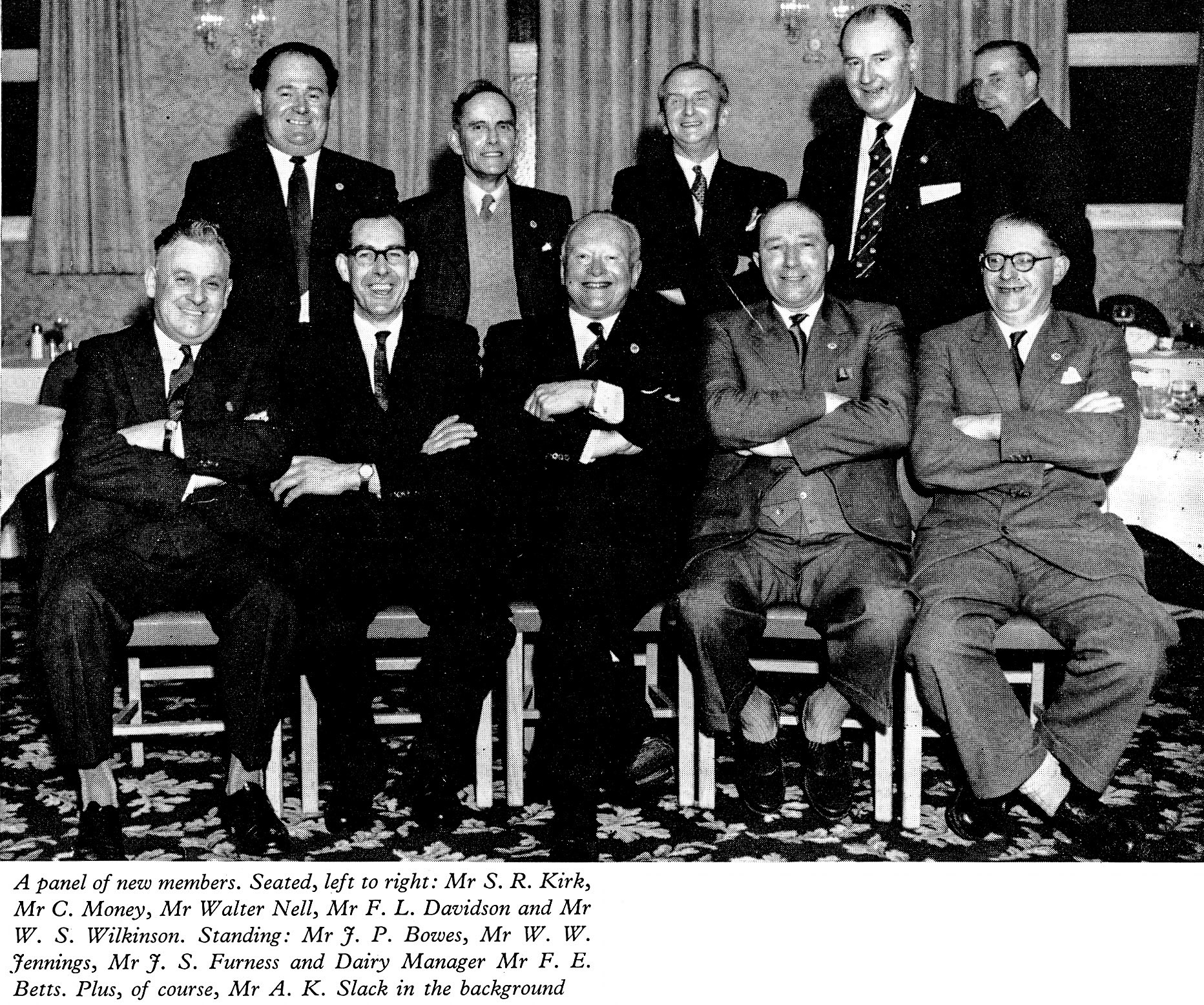 1961 Long Service Dinner at The Tufton Arms, Appleby, with staff from Appleby Creamery. Front L-R: Mr S.R.(Sydney) Kirk, Mr C. Money, Walter Nell (Chairman) Mr F.L. Davidson and Mr W.S. Wilkinson. Rear: Mr J.P. Bowes, Mr W.W. Jennings, Mr J.S. Furness and Mr Frank Betts (Dairy Manager). Delia Kirk-Osborne comments "My dad Sydney Kirk (front left), drove the milk tankers, and received the Long Service award for 30 years of safe driving." Lynn Sowerby adds "My Grandad Alf Furness, back row" (LSA Annual Review)#