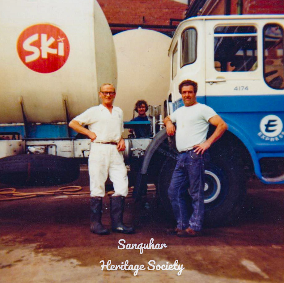 1970's Sanquhar Creamery. Lnj Meikle comments "Joe Tait, my papa x" Dougie McQuat identifies Sammy Hamilton on the left. John Tup Cameron comments "My Dad at the back, Ian Cameron" (Courtesy The Royal Burgh of Sanquhar Heritage Society)