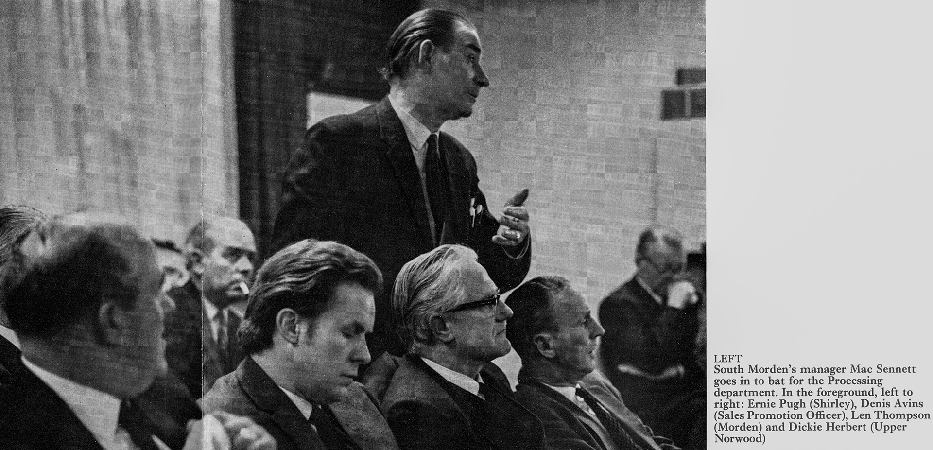 1971'Mac' Sennett, manager at South Morden Processing, and a management get-together in South Morden's visitors room, with Ernie Pugh (Shirley Manager), Denis Avins (Sales Promotion), Len Thompson (Morden Retail Manager and Dickie Herbert (Upper Norwood).  (Express News Summer)