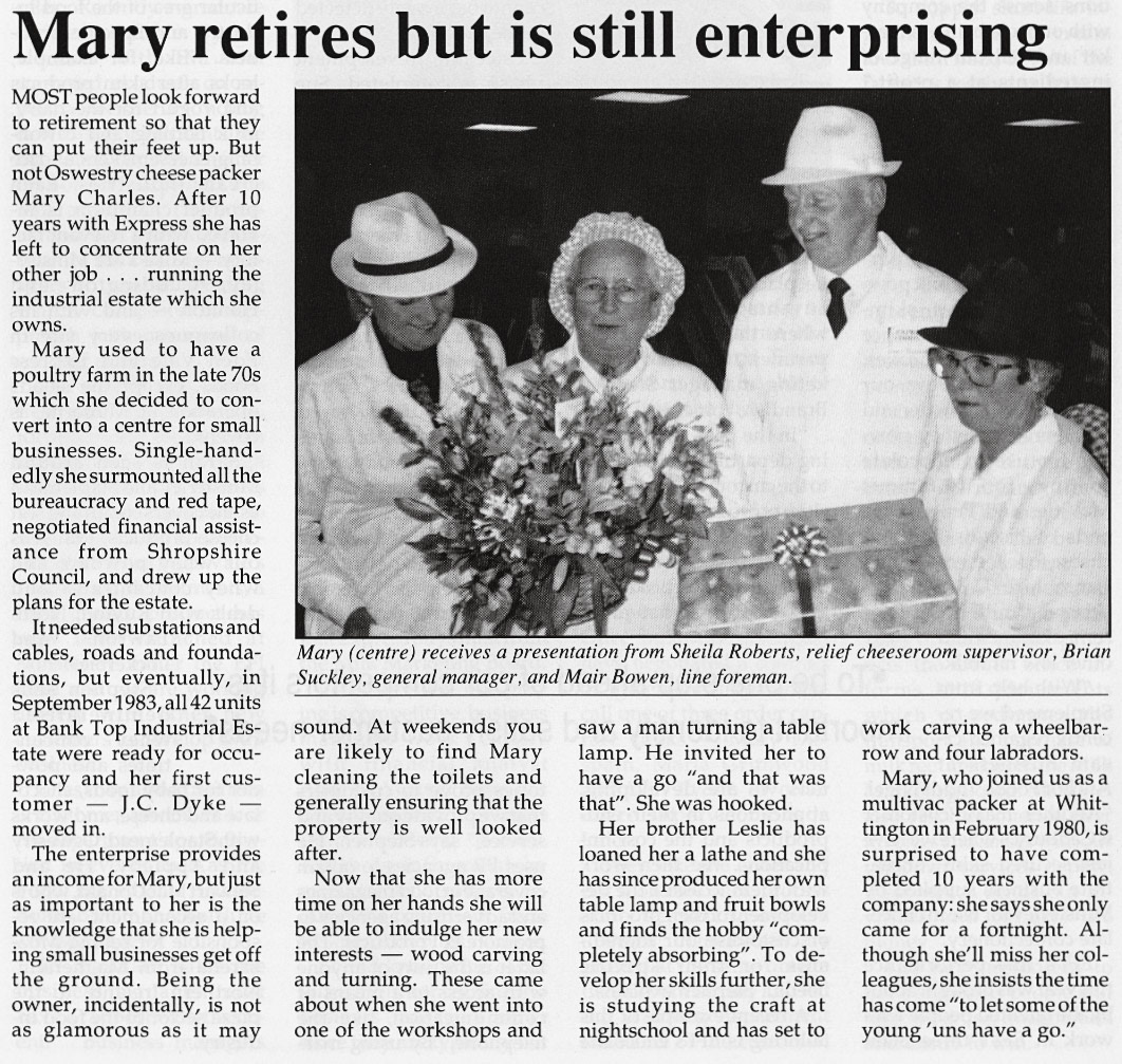 1990 Mary Charles 'retires' from cheese packing at Oswestry to start a new career. Pictured with Sheila Roberts, Brian Suckley and Mair Bowen.