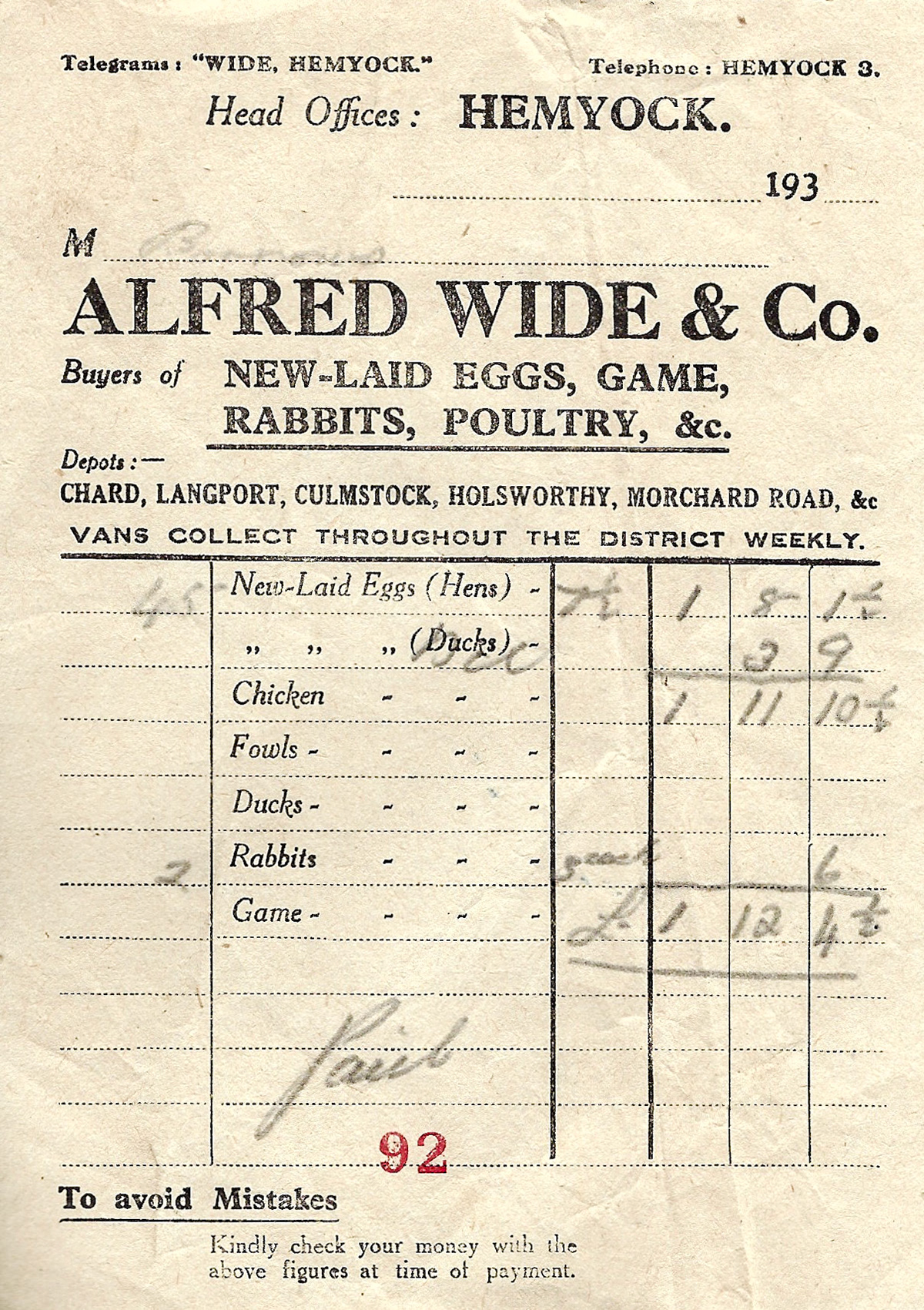 1934. Chris comments "A bit before the Express Dairy period, but we have quite a few Alfred Wide &amp; Co receipts in Karen Berkley's Great Grandparent's farm diary. They farmed at Sheldon Grange and sold hen and duck eggs' as well as shot rabbits and game' to Alfred Wide on a regular basis. (Courtesy Chris Berkley)