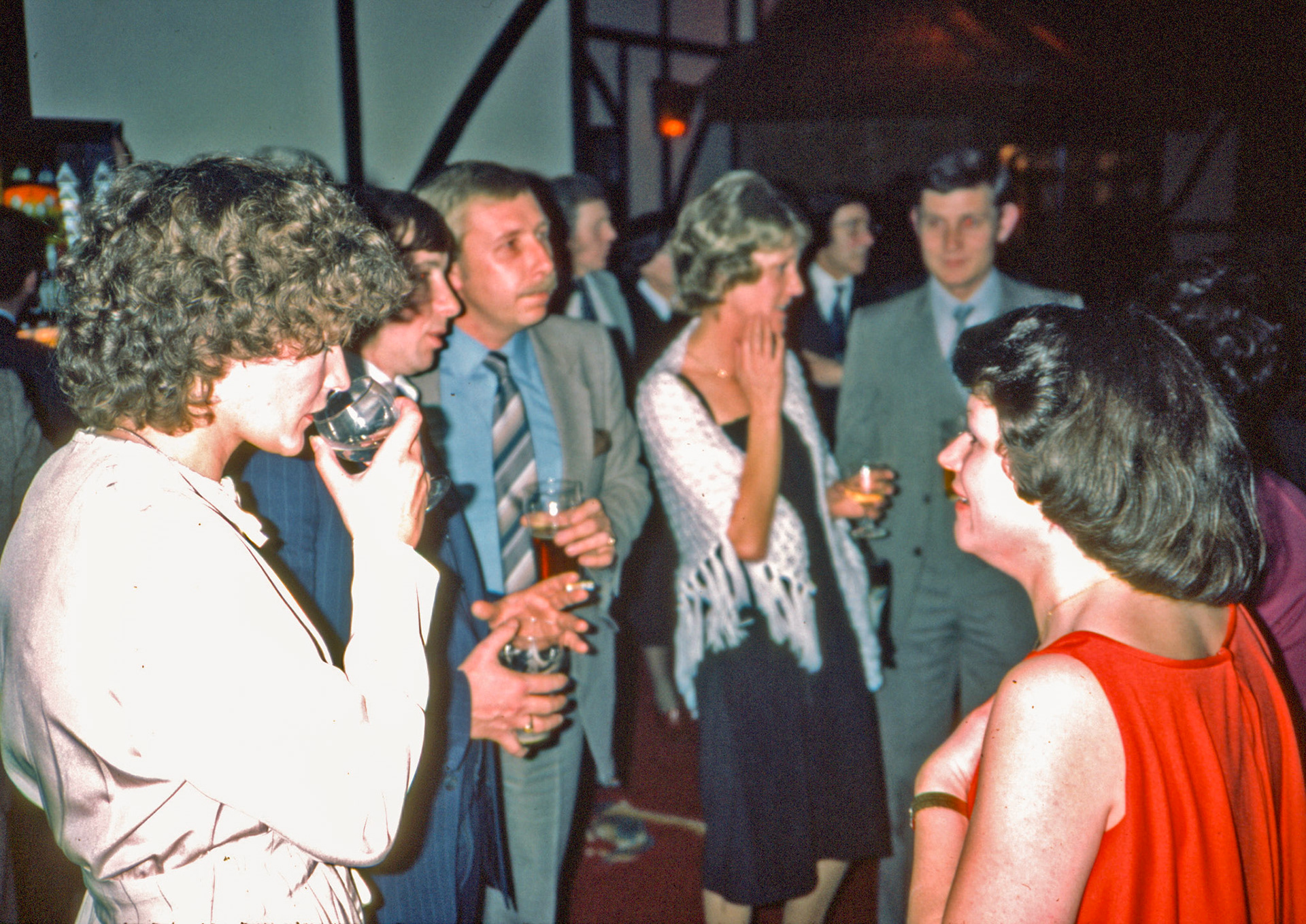 1980 South Morden-Dairy Re-equip staff celebration at Lakeside, Camberley-Jane Roper, Chris Burton, 'Chalky' White, Dave Gambriel and his wife, Sue Burton. (Express Dairy Tales collection)