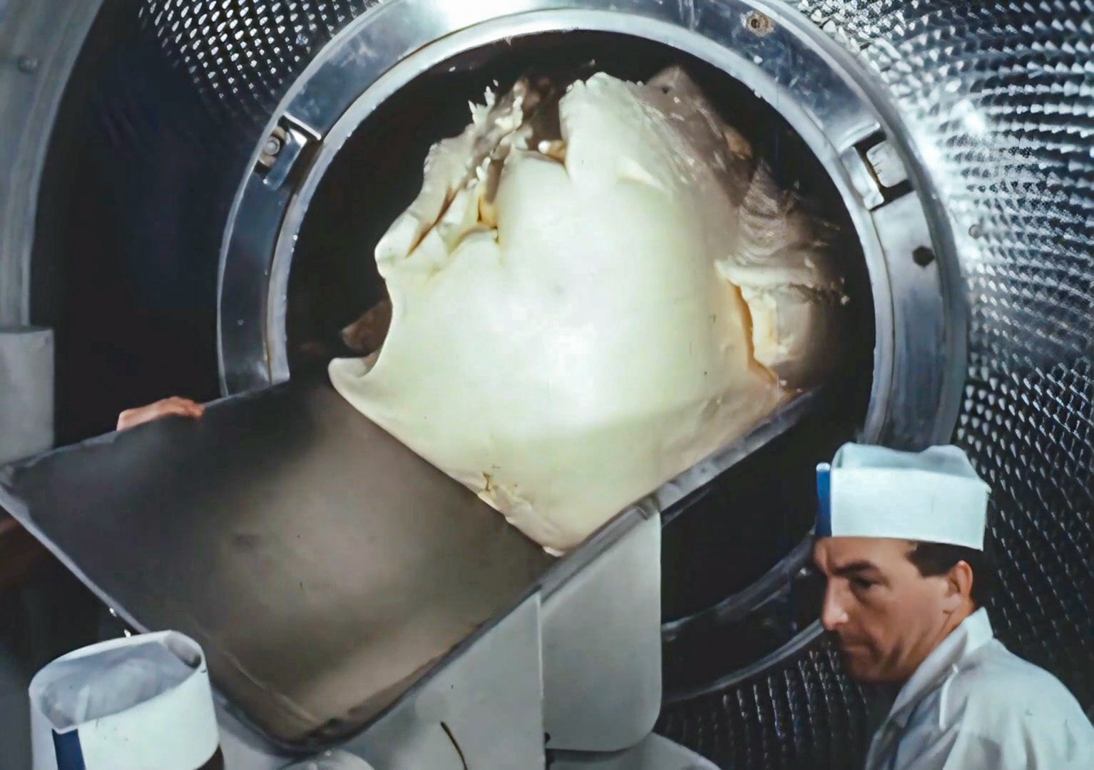 1960s Minsterley Butter Room, Ivor Beach, recognised by Melvyn Bailey "I was working in the same department with him, lovely man. Geoff Cartwright was the foreman." (Still from 'The Art of English Cheesemaking' video)