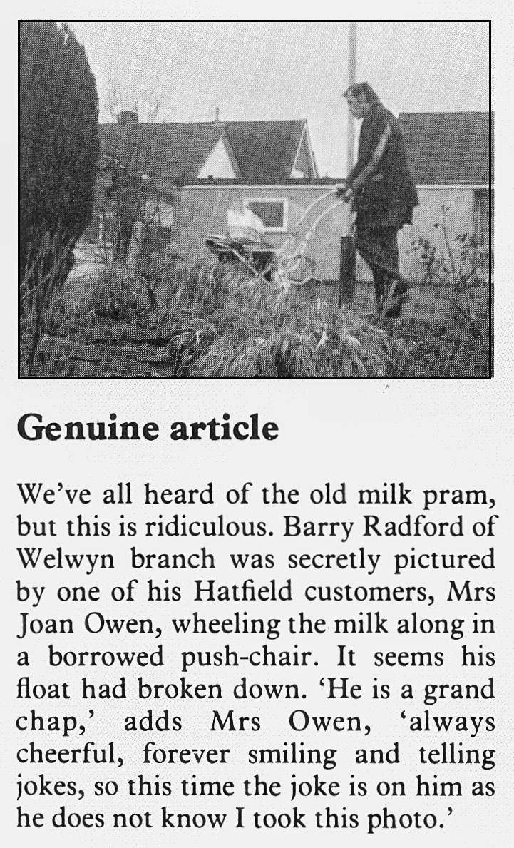 1978 Welwyn milkman Barry Radford delivers by push-chair! Lauren Radford comments "This is my grandad!" and Linda Suzanne adds "...and my daddy" (Express News Spring)